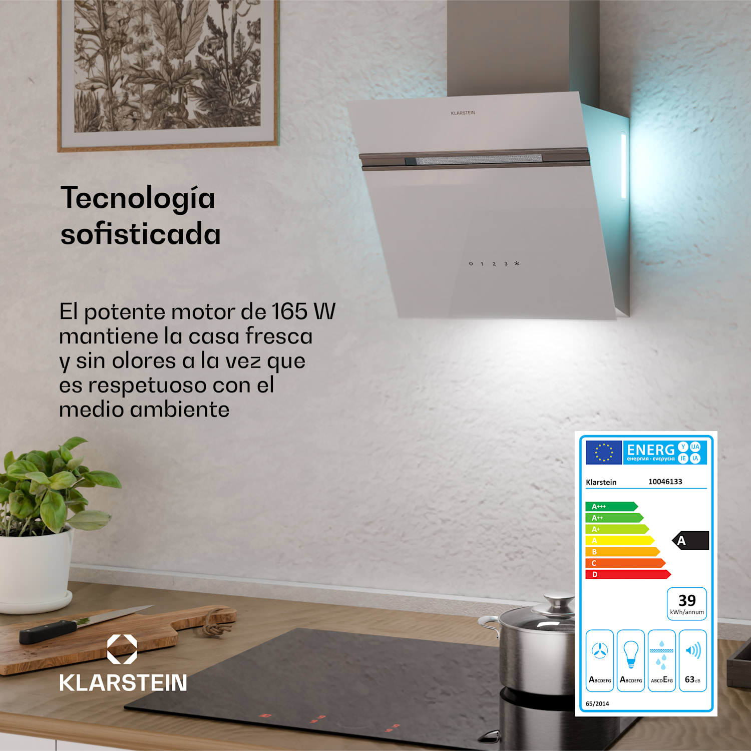 Alina Smart Campana extractora | 40 cm | 538 m³/h | pantalla LED | ambiente | frontal de vidrio | CEE A 