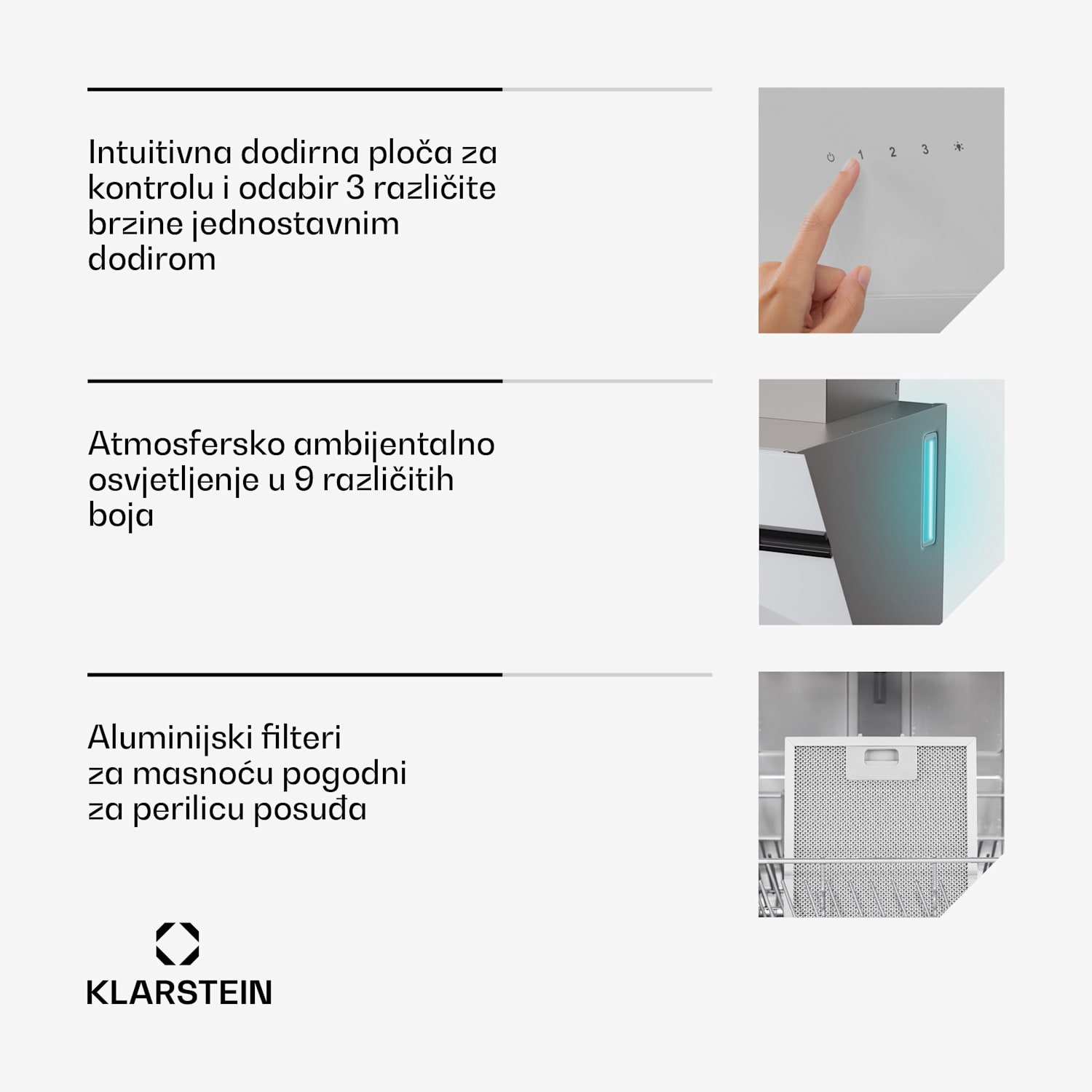 Alina kapuljača, 40 cm, 538 m³/h, LED zaslon, Ambijentalna rasvjeta, Staklena prednja strana, EK A 