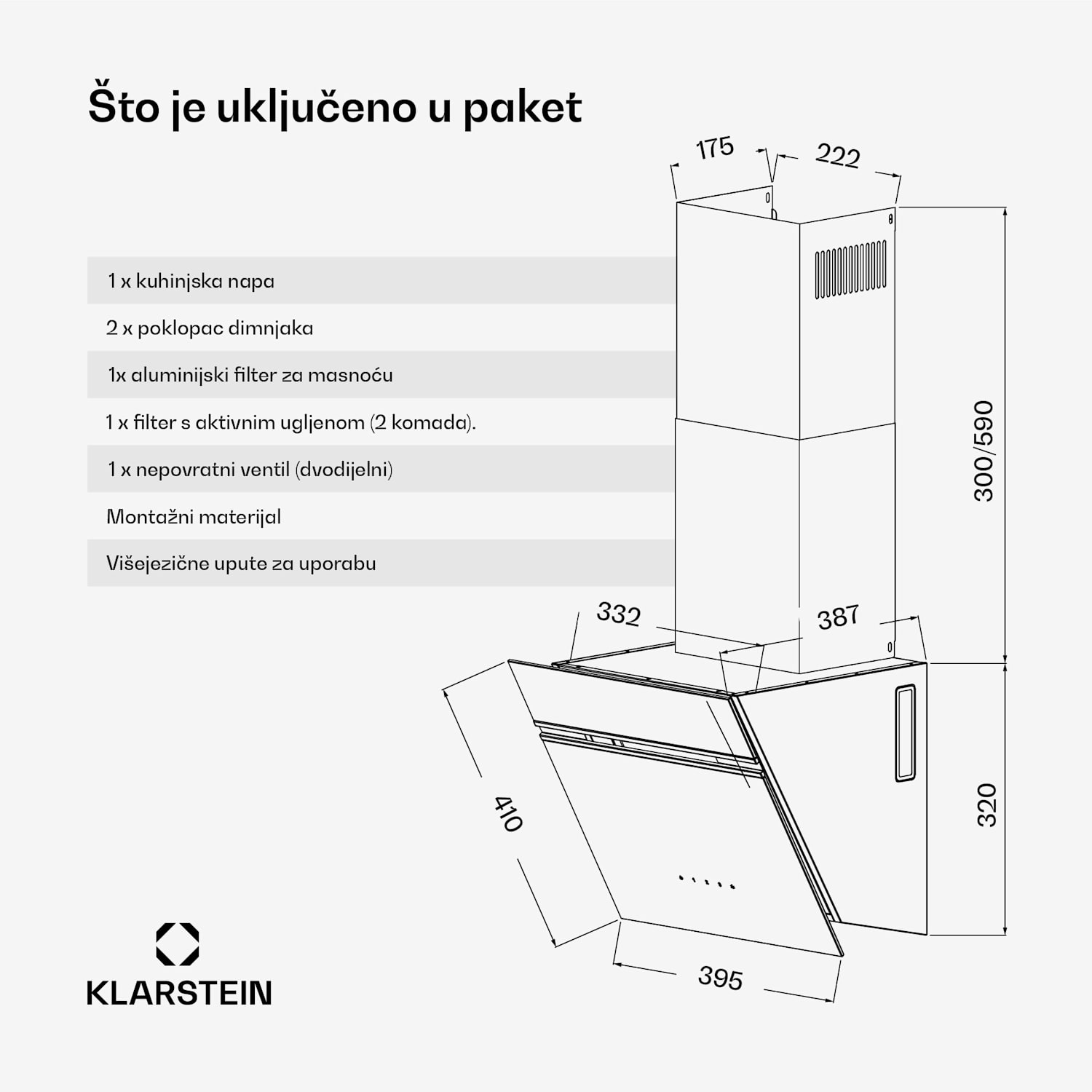 Alina kapuljača, 40 cm, 538 m³/h, LED zaslon, Ambijentalna rasvjeta, Staklena prednja strana, EK A 