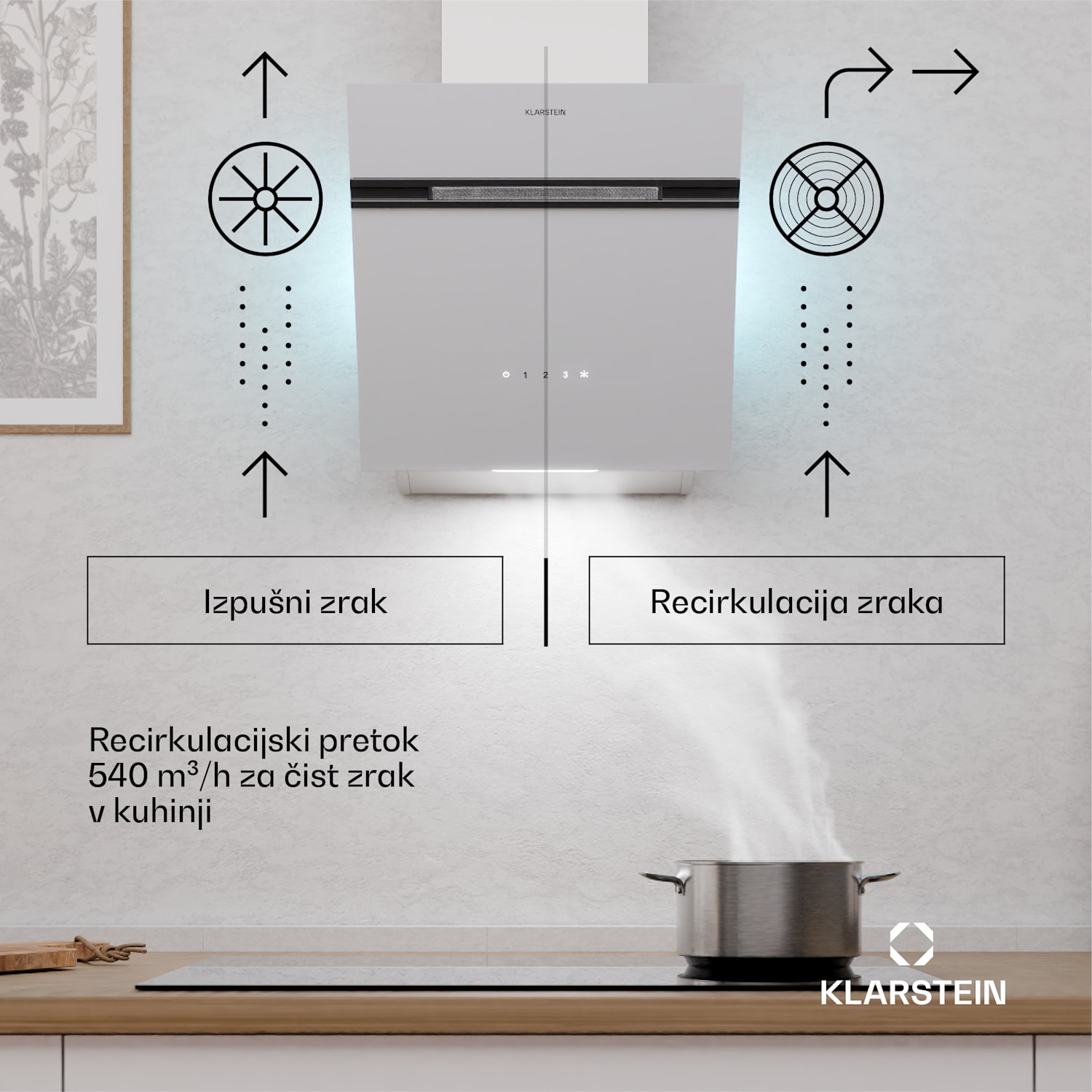 Alina napa, 40 cm, 538 m³/h, LED zaslon, Ambientna osvetlitev, Steklena sprednja stran, EEK A 