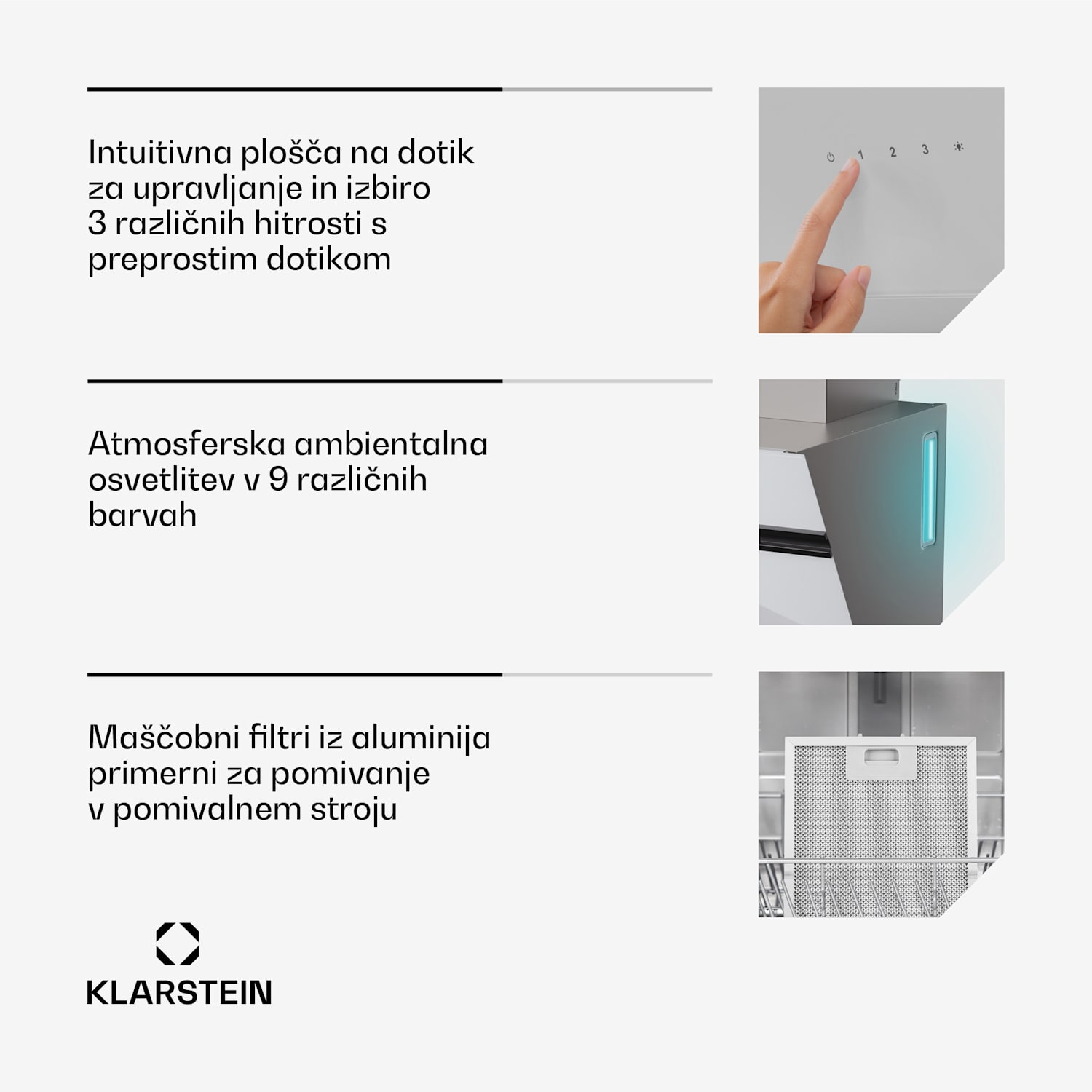 Alina napa, 40 cm, 538 m³/h, LED zaslon, Ambientna osvetlitev, Steklena sprednja stran, EEK A 