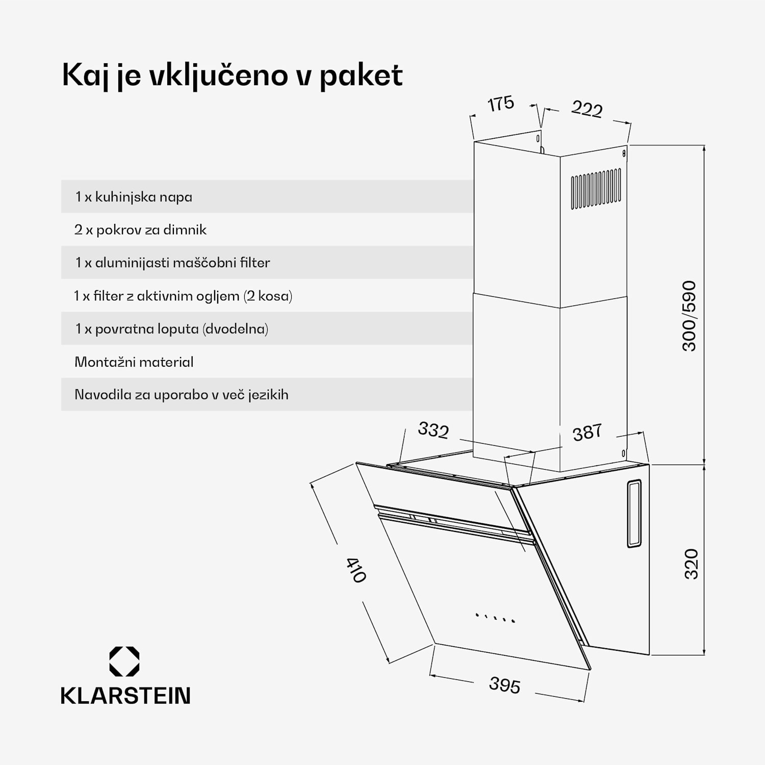 Alina napa, 40 cm, 538 m³/h, LED zaslon, Ambientna osvetlitev, Steklena sprednja stran, EEK A 