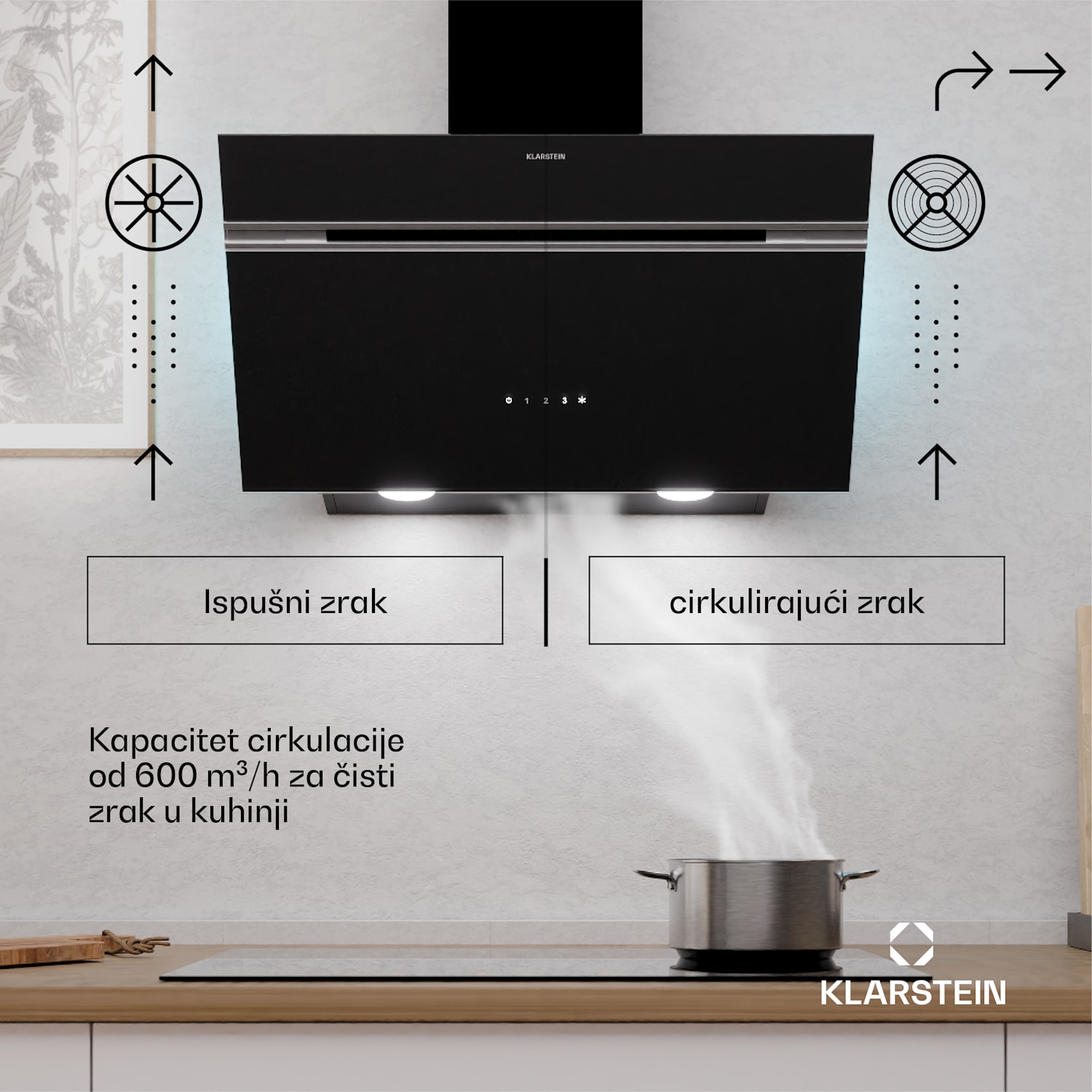 Alina kapuljača, 70 cm, 594 m³/h, LED zaslon, Ambijentalna rasvjeta, Staklena prednja strana, EK A 