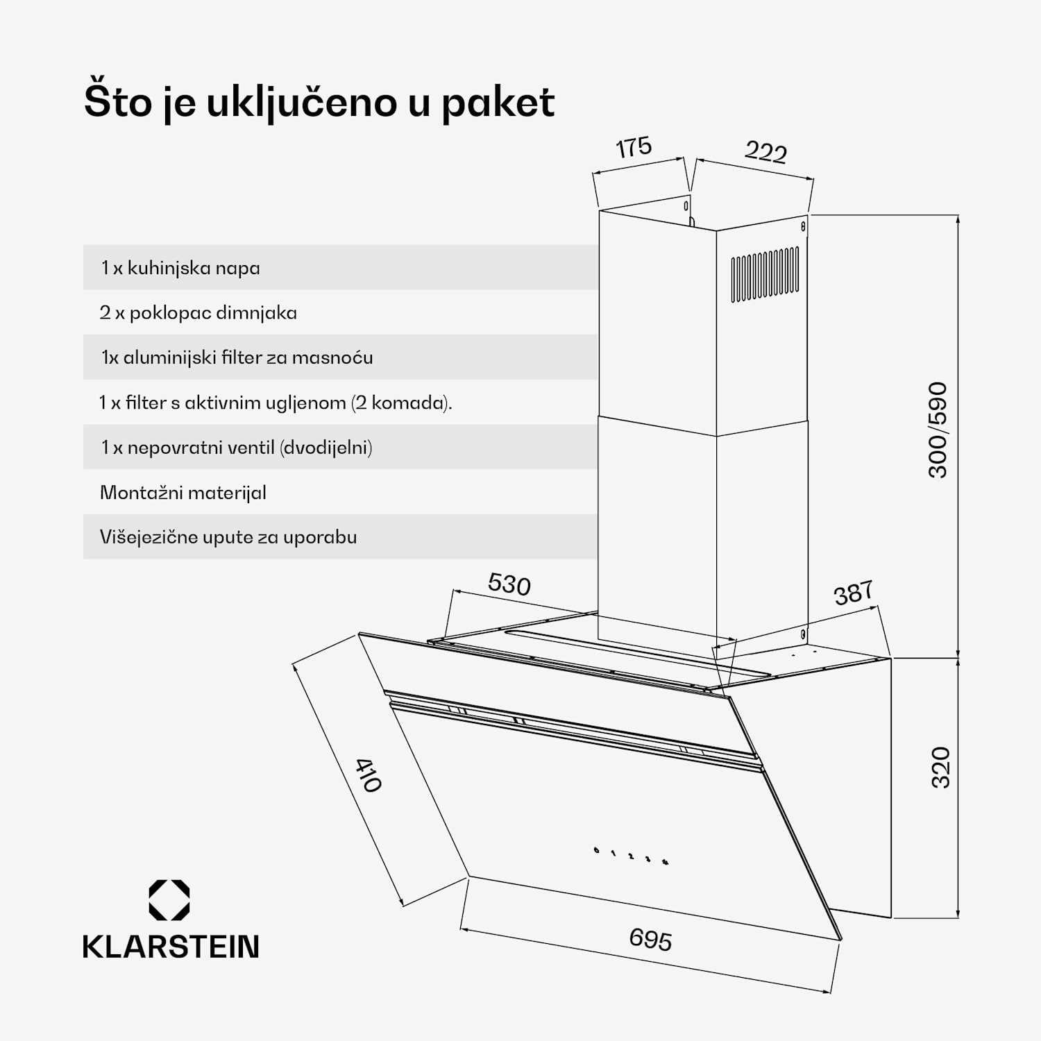 Alina kapuljača, 70 cm, 594 m³/h, LED zaslon, Ambijentalna rasvjeta, Staklena prednja strana, EK A 