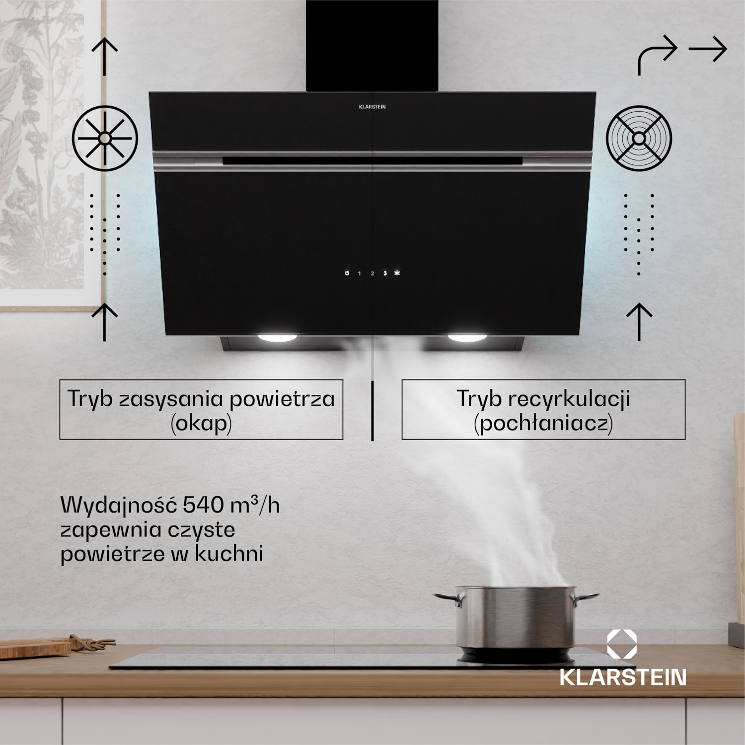 Alina okap, 70 cm, 594 m³/h, wyświetlacz LED, oświetlenie ambientowe, szklany front, EEK A 