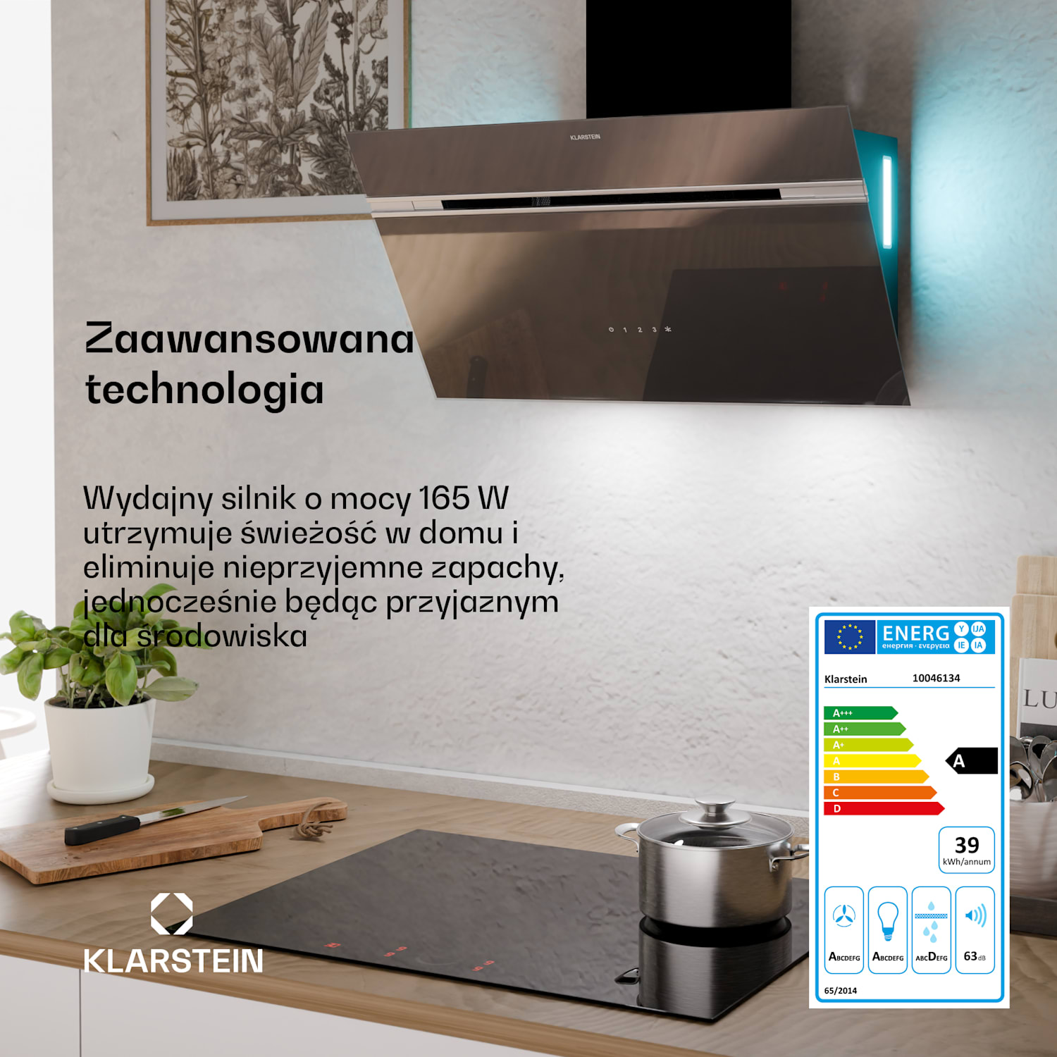 Alina okap, 70 cm, 594 m³/h, wyświetlacz LED, oświetlenie ambientowe, szklany front, EEK A 