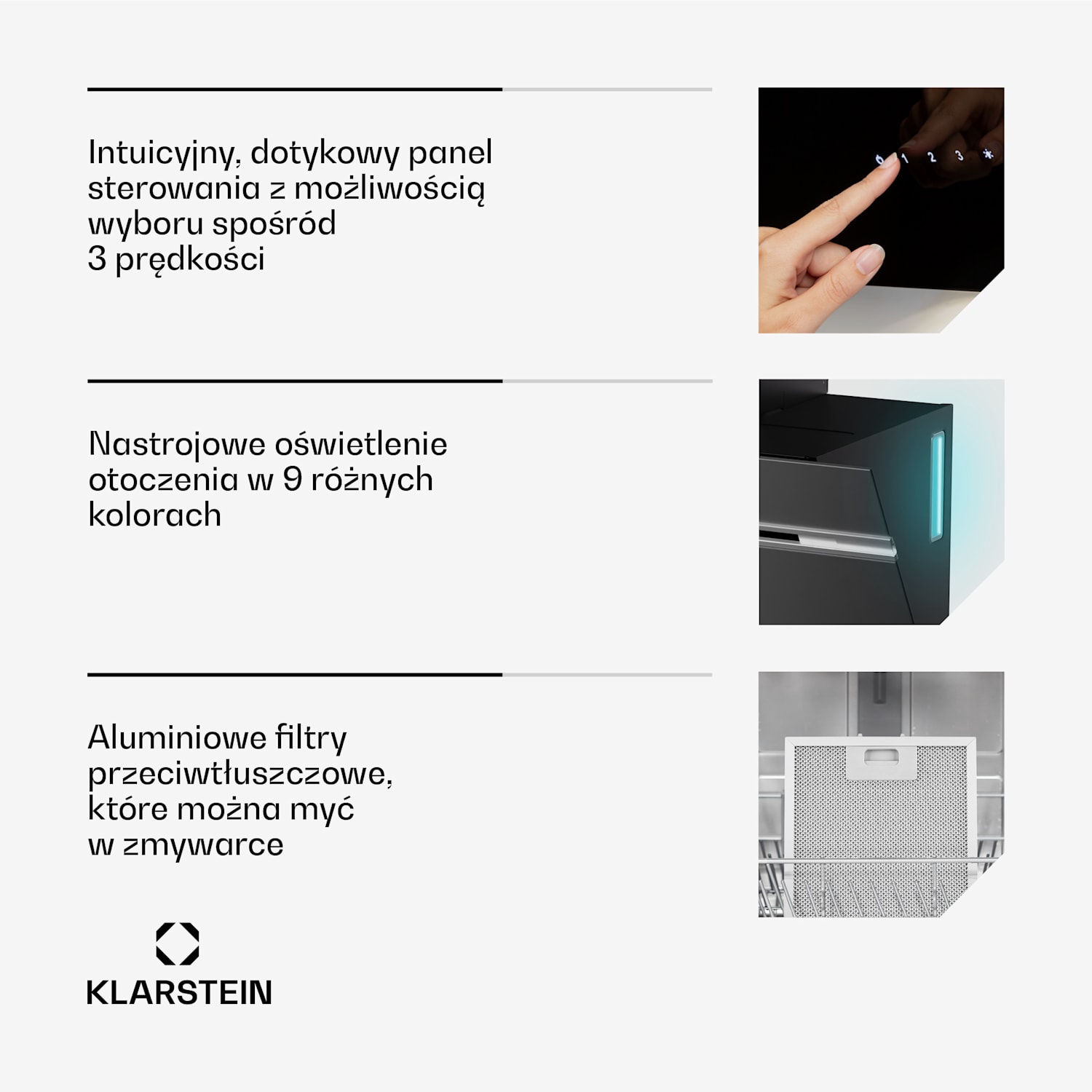 Alina okap, 70 cm, 594 m³/h, wyświetlacz LED, oświetlenie ambientowe, szklany front, EEK A 