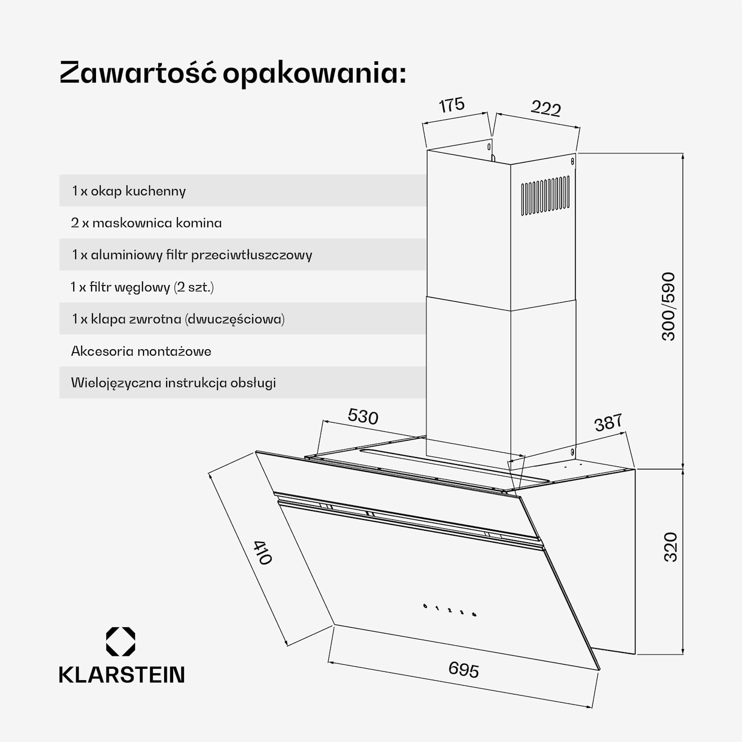 Alina okap, 70 cm, 594 m³/h, wyświetlacz LED, oświetlenie ambientowe, szklany front, EEK A 