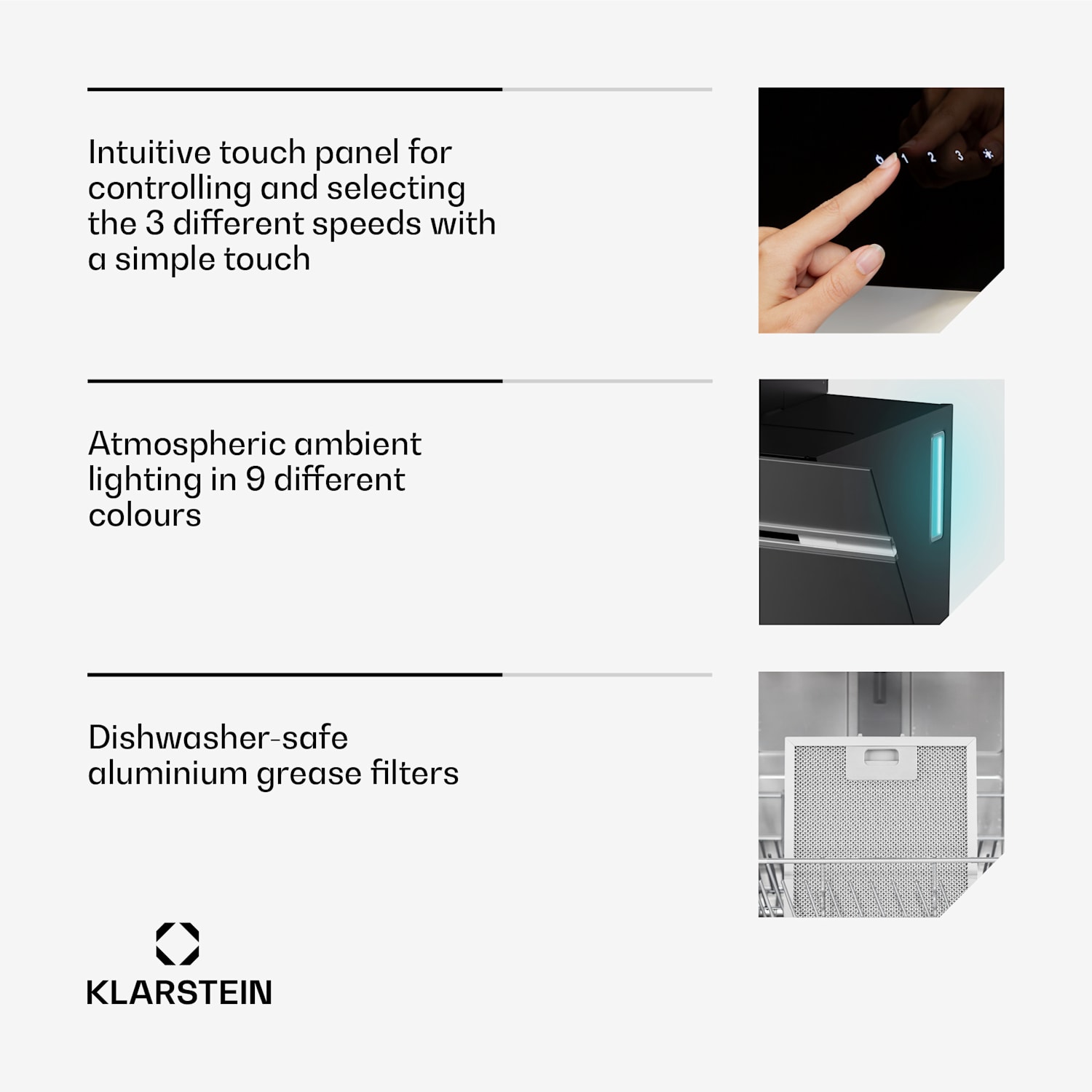 Alina extractor hood | 70 cm | 594 m³/h | LED display | ambient | glass front | EEC A 70 cm | Black
