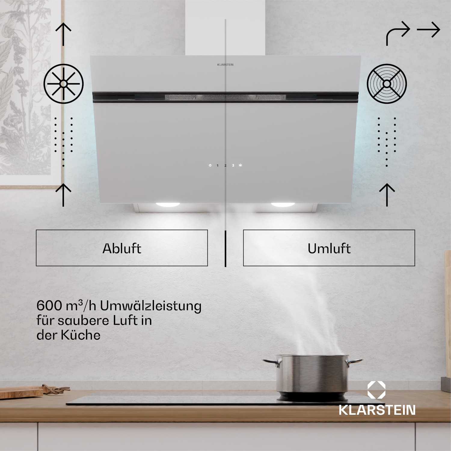 Alina Dunstabzugshaube | 70 cm | 594 m³/h | LED-Display | Ambiente | Glasfront | EEK A 70 cm | Hellgrau