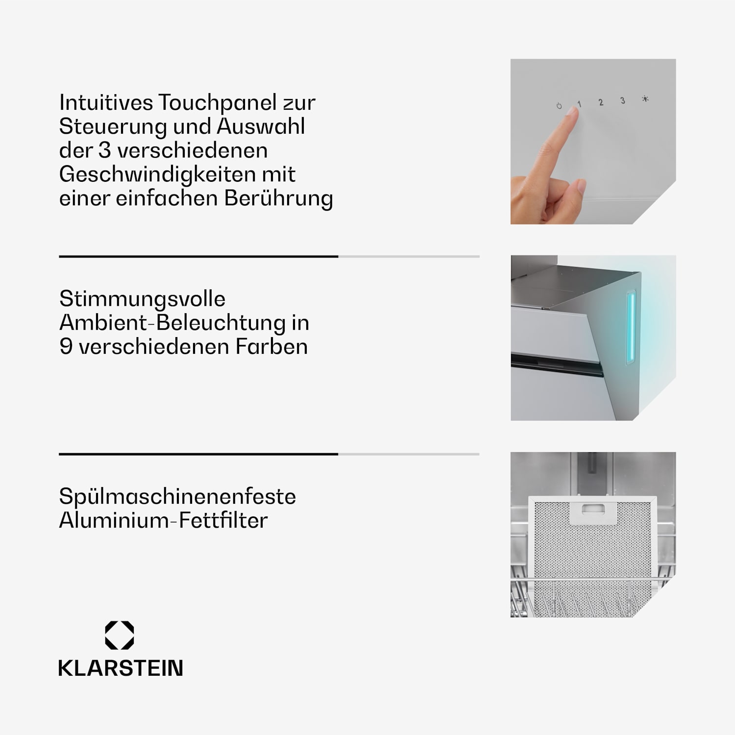 Alina Dunstabzugshaube | 70 cm | 594 m³/h | LED-Display | Ambiente | Glasfront | EEK A 70 cm | Hellgrau
