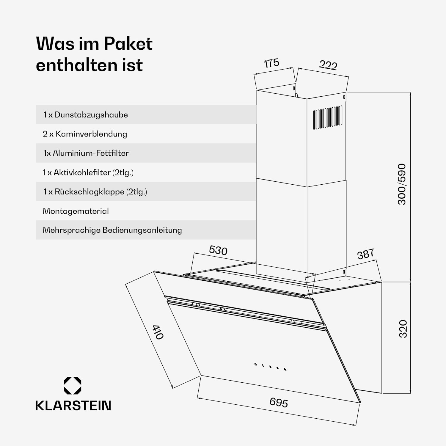 Alina Dunstabzugshaube | 70 cm | 594 m³/h | LED-Display | Ambiente | Glasfront | EEK A 70 cm | Hellgrau