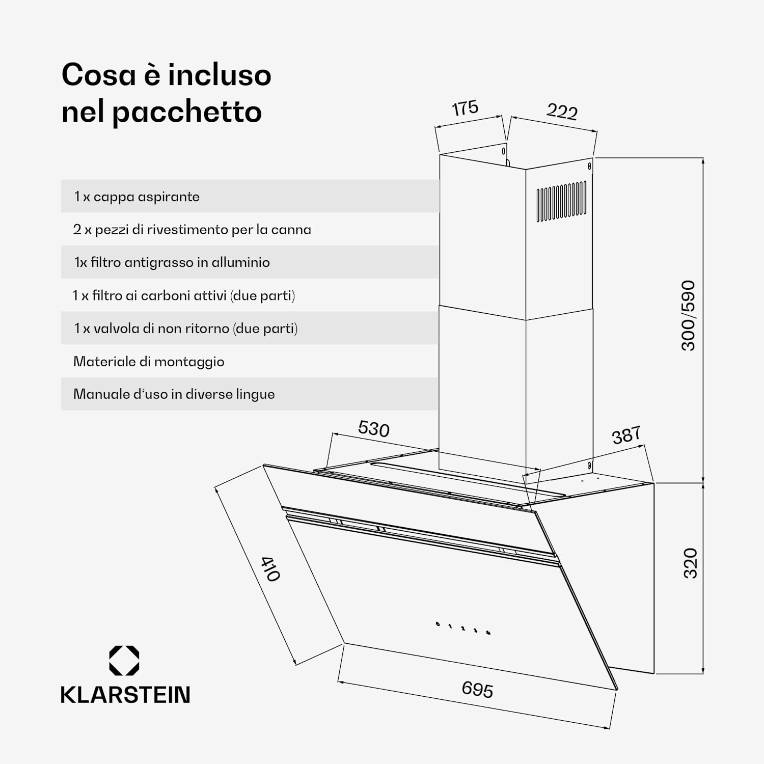 Alina - Cappa aspirante | 70 cm | 594 m³/ora | Display LED | Luce ambiente | Frontale in vetro | Classe energetica A 70 cm | Cinzento Claro