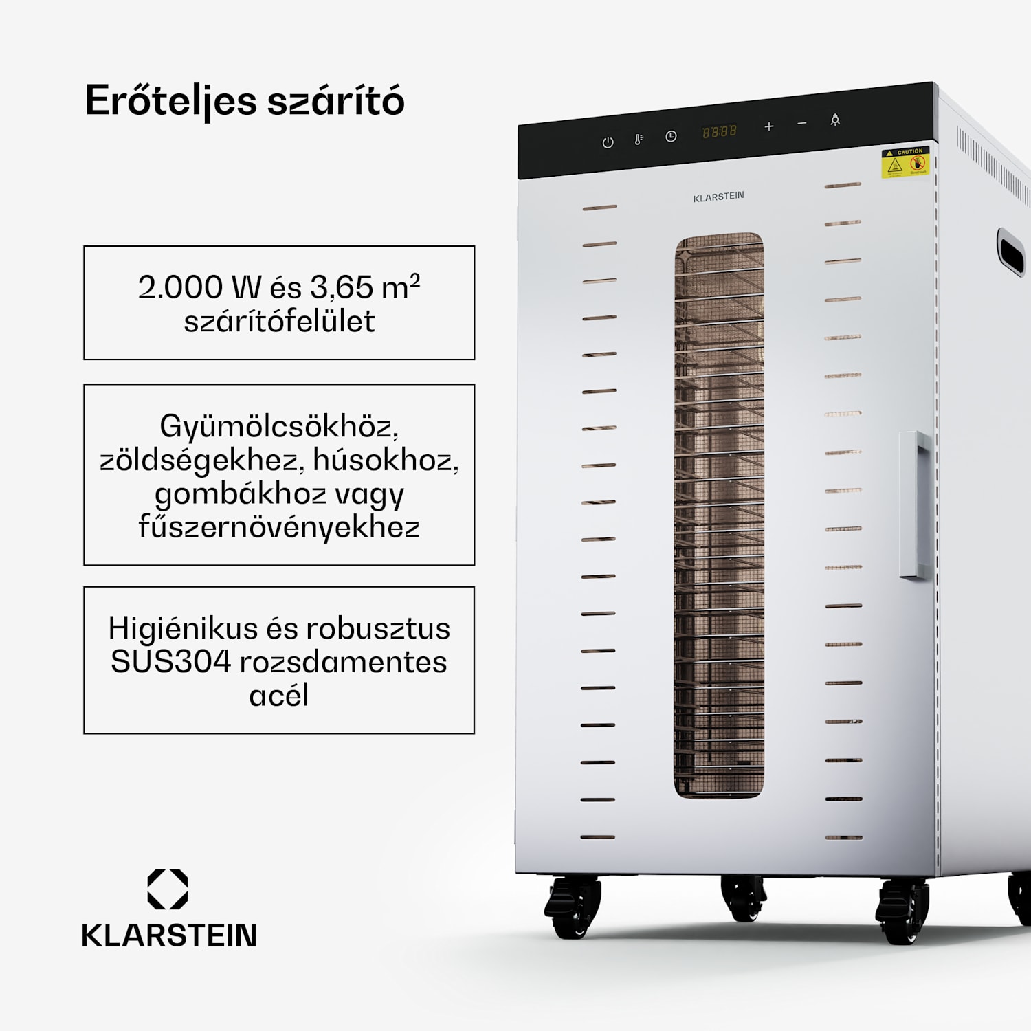 MasterJerky 350, szárító, teljesítmény 2 000 W, hőmérséklet-tartomány 30 - 90 °C, 24 órás időzítő, rozsdamentes acél 