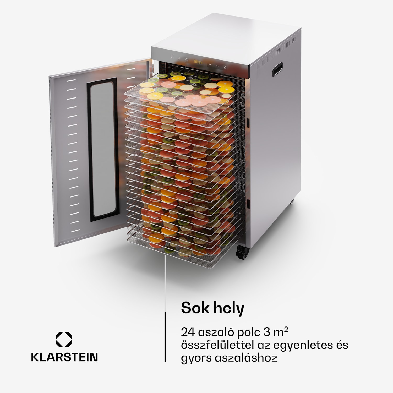 MasterJerky 350, szárító, teljesítmény 2 000 W, hőmérséklet-tartomány 30 - 90 °C, 24 órás időzítő, rozsdamentes acél 