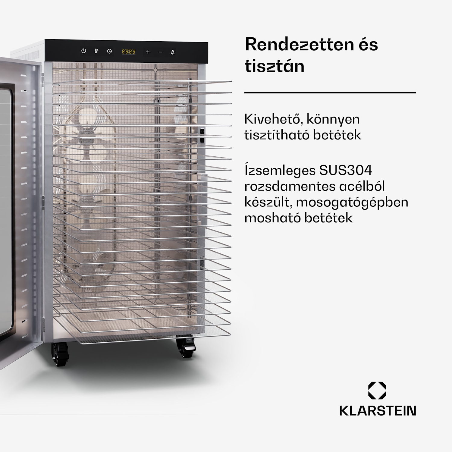 MasterJerky 350, szárító, teljesítmény 2 000 W, hőmérséklet-tartomány 30 - 90 °C, 24 órás időzítő, rozsdamentes acél 