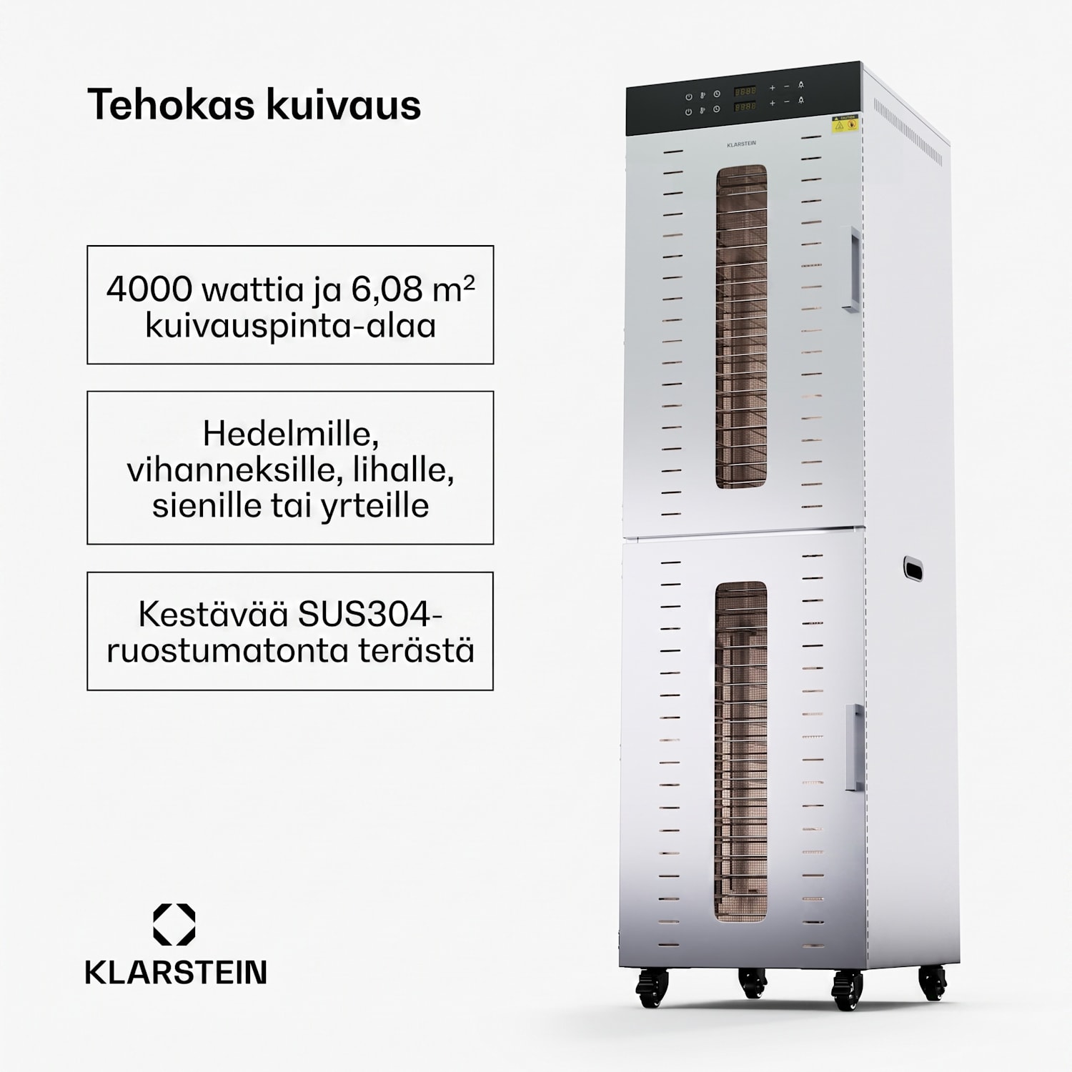 Master Jerky 600 kuivuri 4000 watilla kaksi kuivauskammiota lämpötila-alue 30 - 90 °C 