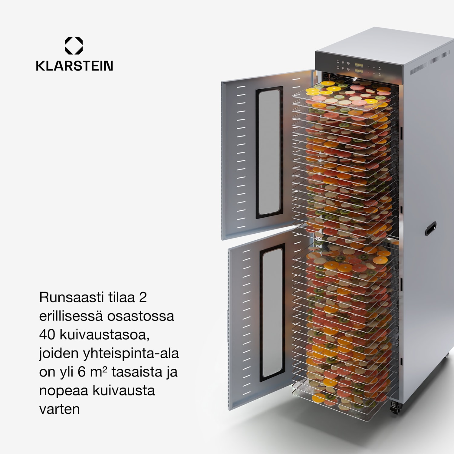 Master Jerky 600 kuivuri 4000 watilla kaksi kuivauskammiota lämpötila-alue 30 - 90 °C 