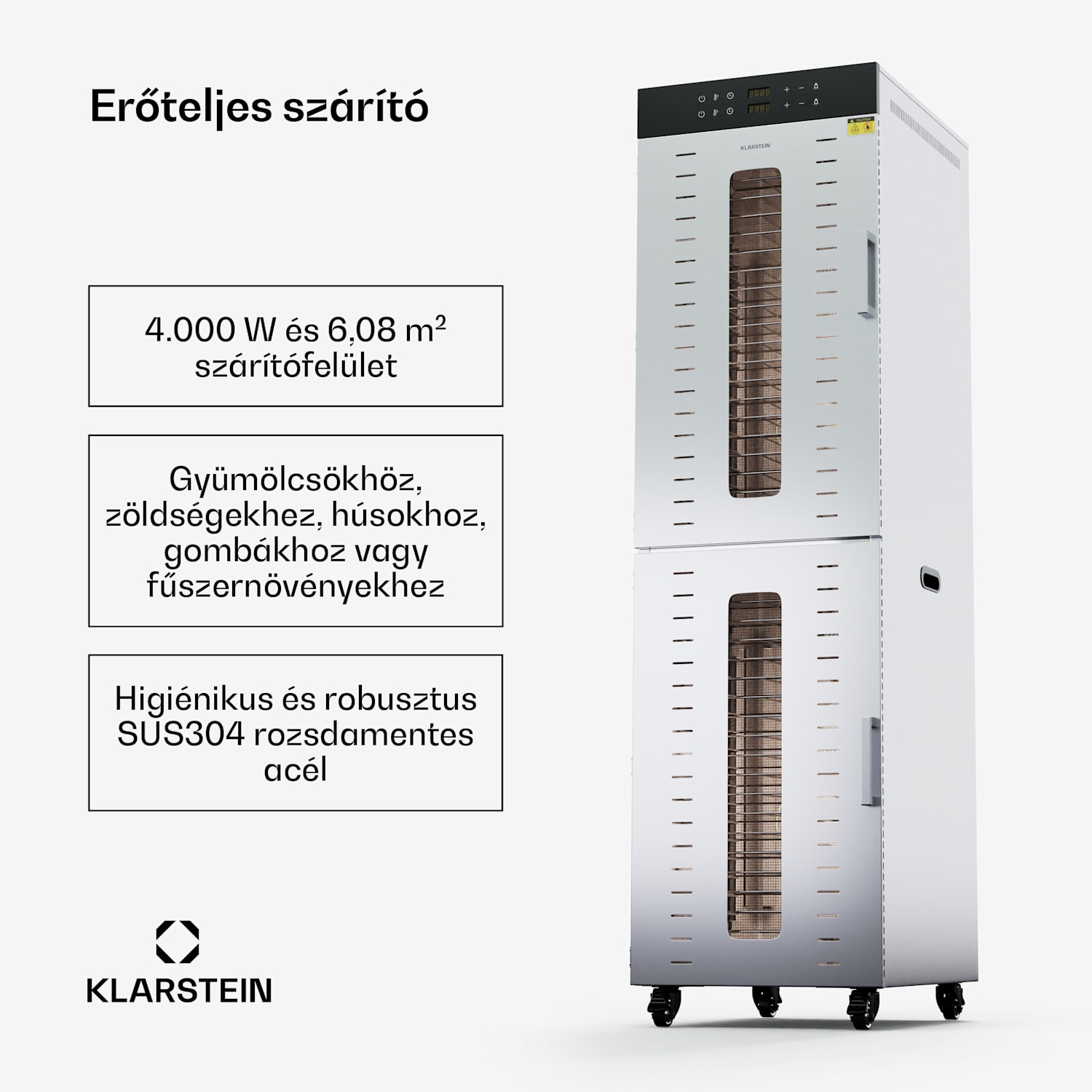 Master Jerky 600, szárító, teljesítmény 4 000 W, két kamrával, hőmérséklet tartomány 30 - 90 °C 