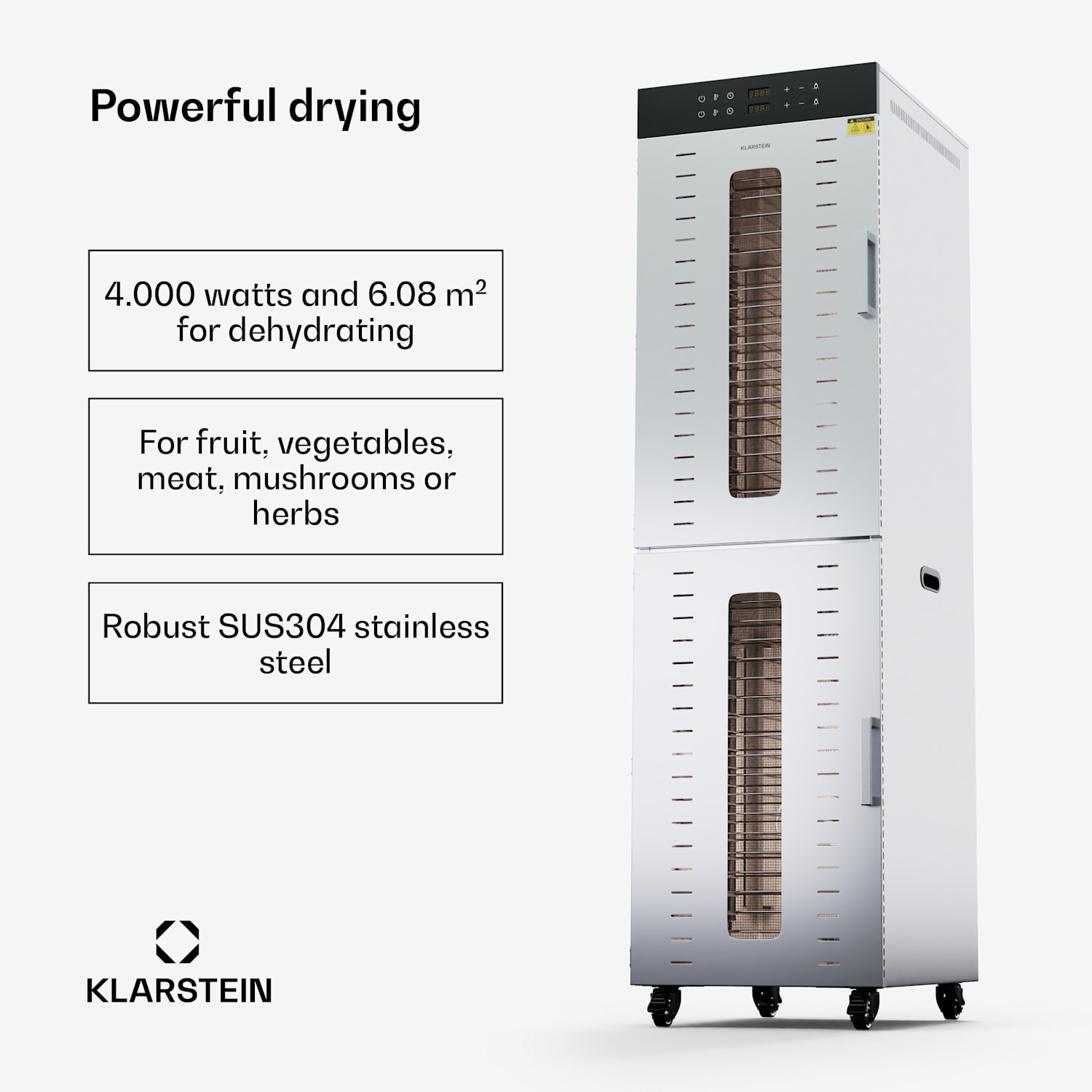 Master Jerky 600 kuivuri 4000 watilla kaksi kuivauskammiota lämpötila-alue 30 - 90 °C 