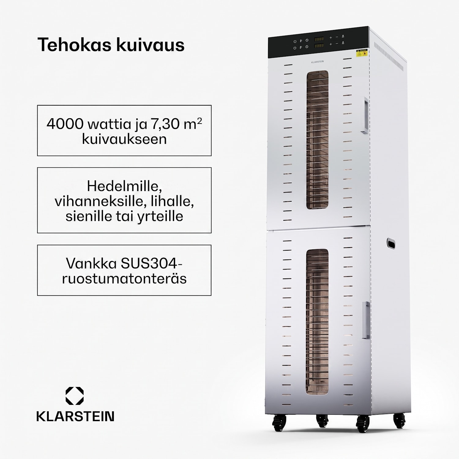 Master Jerky 700 kuivuri 4000 watilla kaksi kuivauskammiota lämpötila-alue 30 - 90 °C 