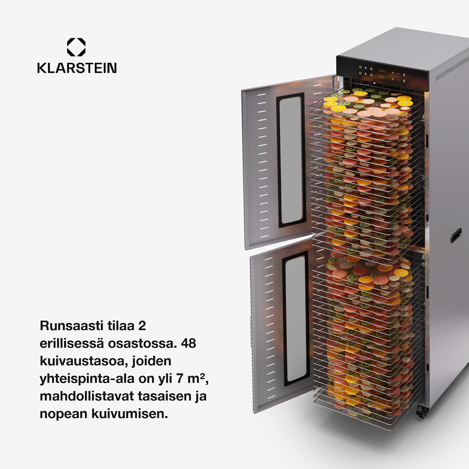 Master Jerky 700 kuivuri 4000 watilla kaksi kuivauskammiota lämpötila-alue 30 - 90 °C 