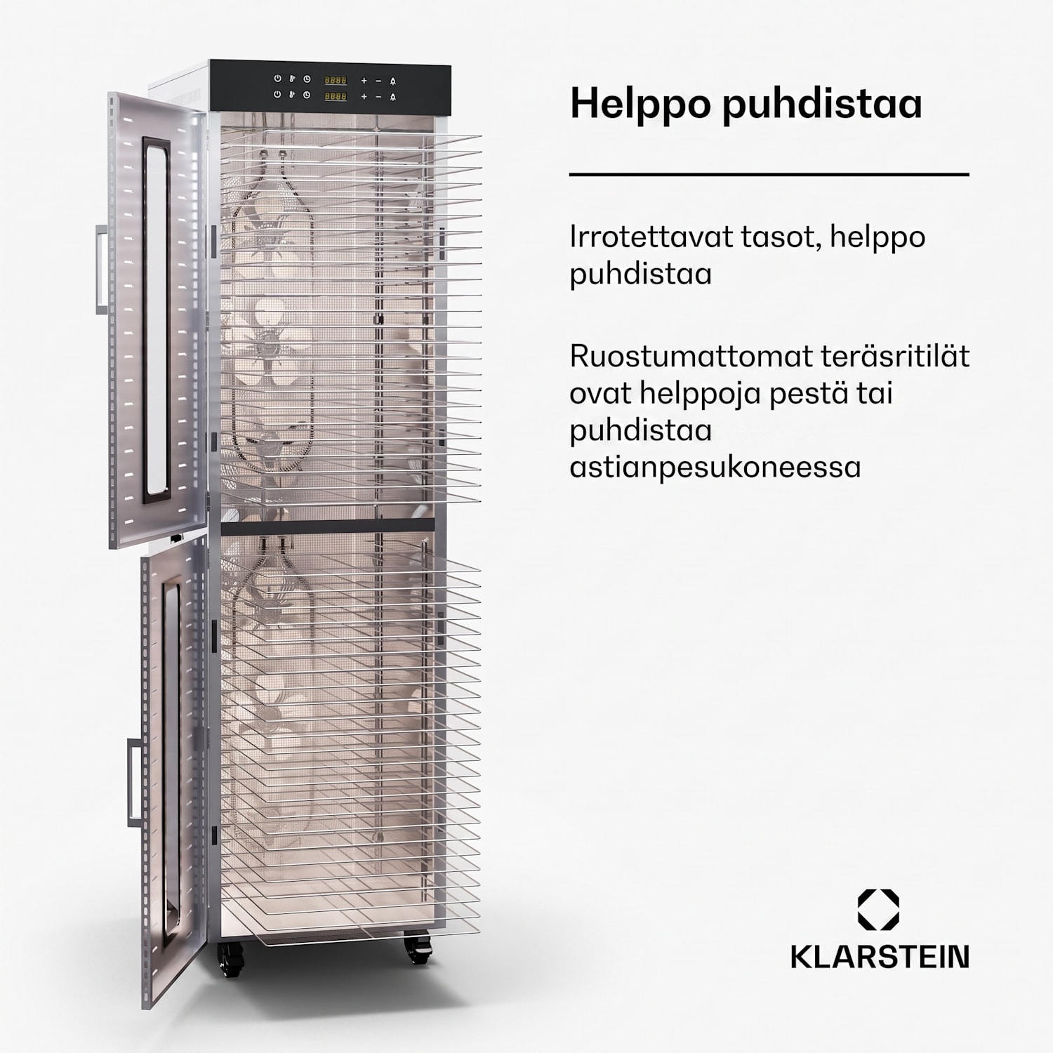 Master Jerky 700 kuivuri 4000 watilla kaksi kuivauskammiota lämpötila-alue 30 - 90 °C 