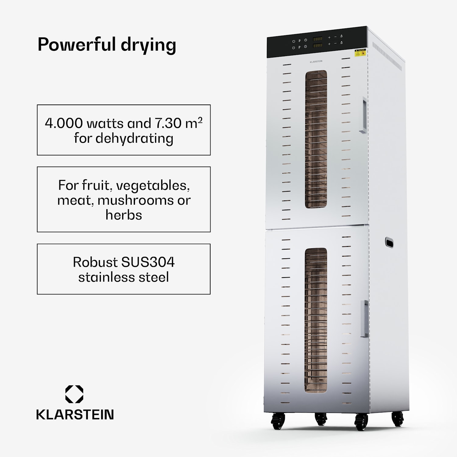 Master Jerky 700 kuivuri 4000 watilla kaksi kuivauskammiota lämpötila-alue 30 - 90 °C 