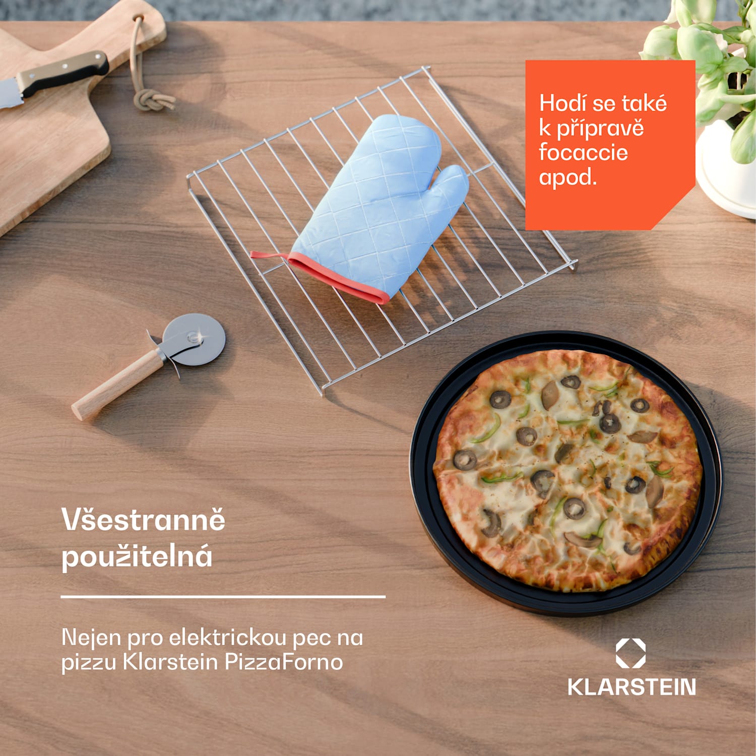 4dílná sada příslušenství PizzaForno, stojan na pizzu a pánev na pizzu, tepelná rukavice a kráječ 