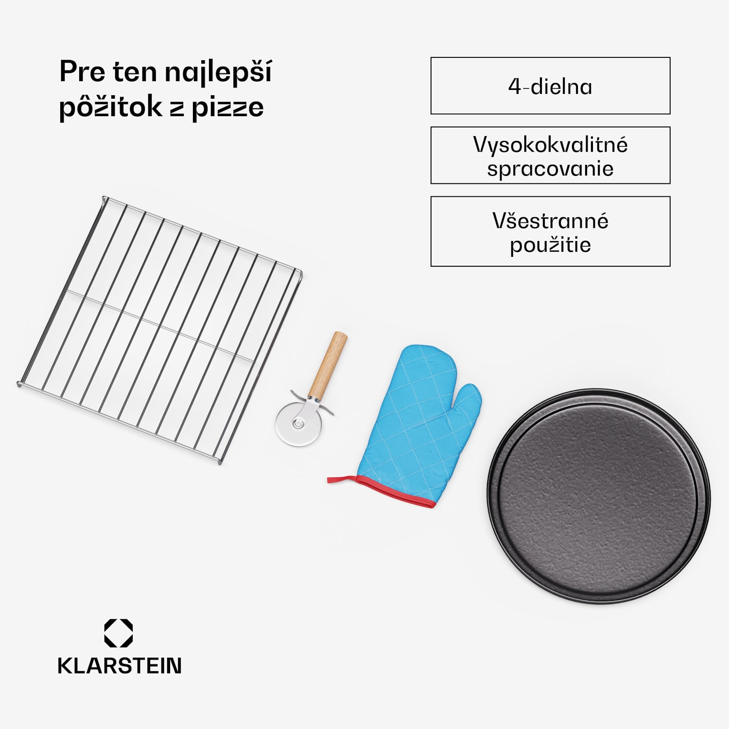 4-dielna súprava príslušenstva PizzaForno, stojan na pizzu a panvica na pizzu, tepelná rukavica a krájač 