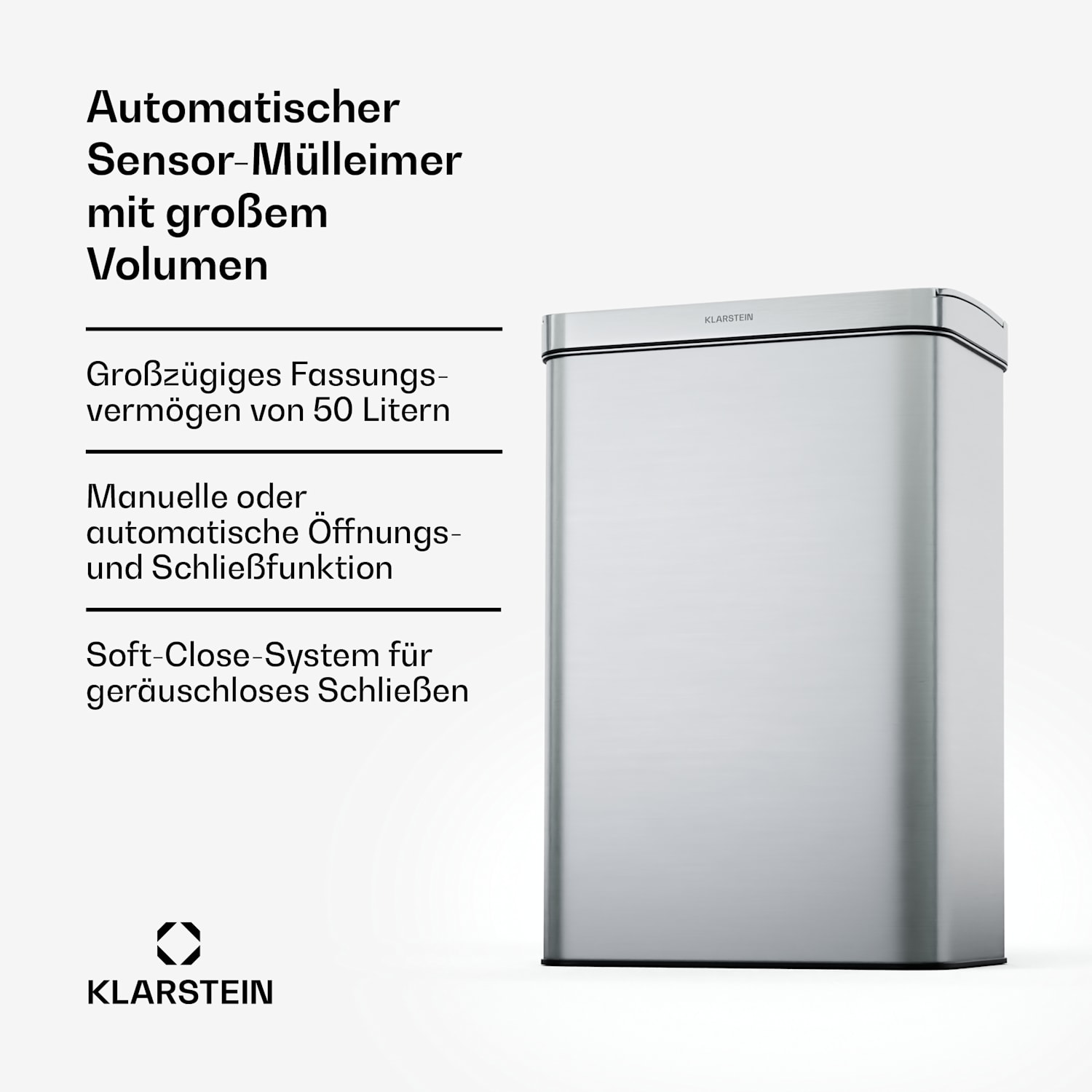 Touchless Sensor-Mülleimer 50L Edelstahl Soft-Close Batteriebetrieben LED-Display Timer 