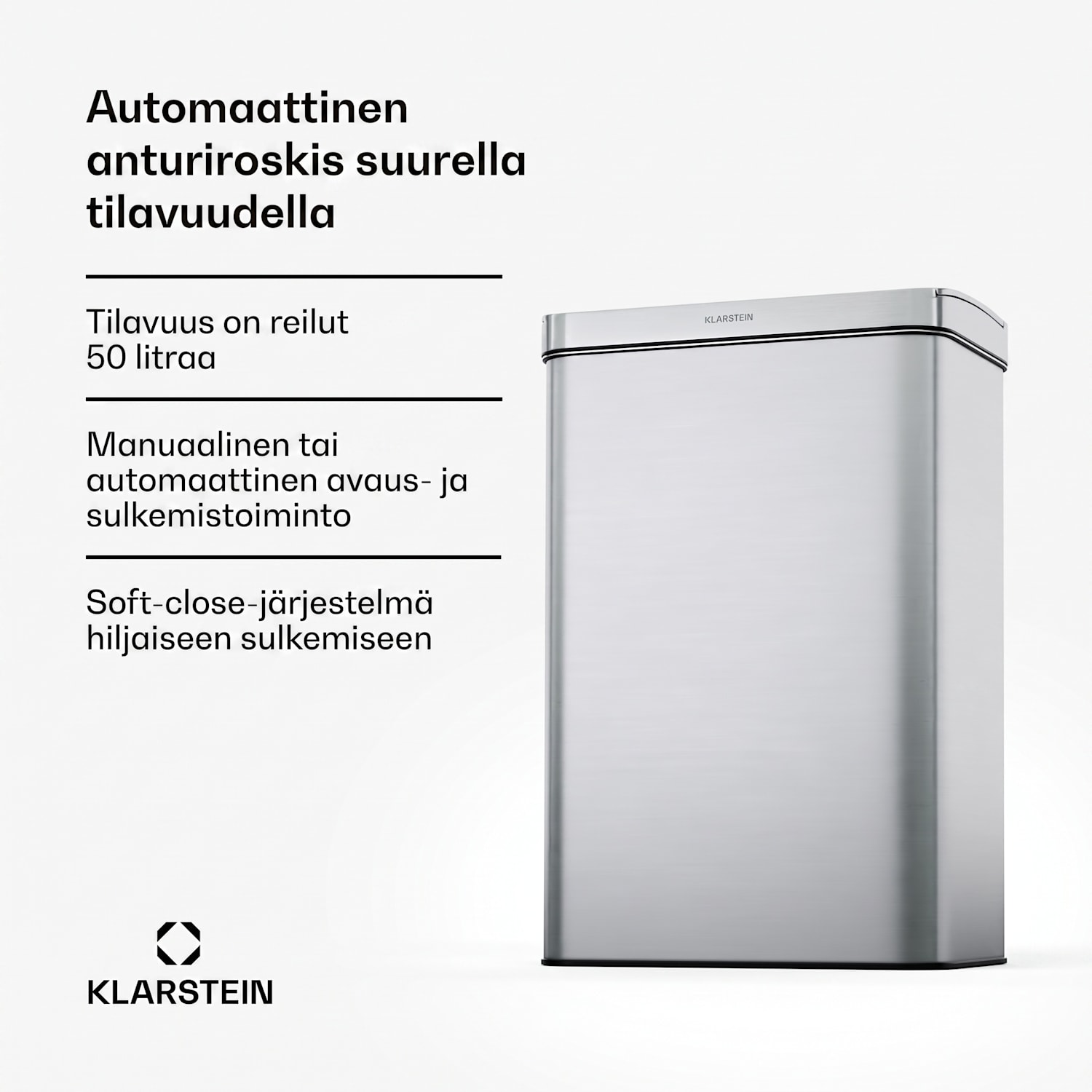 Touchless sensorijätesäiliö 50 l ruostumatonta terästä Soft Close paristokäyttöinen LED-näyttö ajastin 