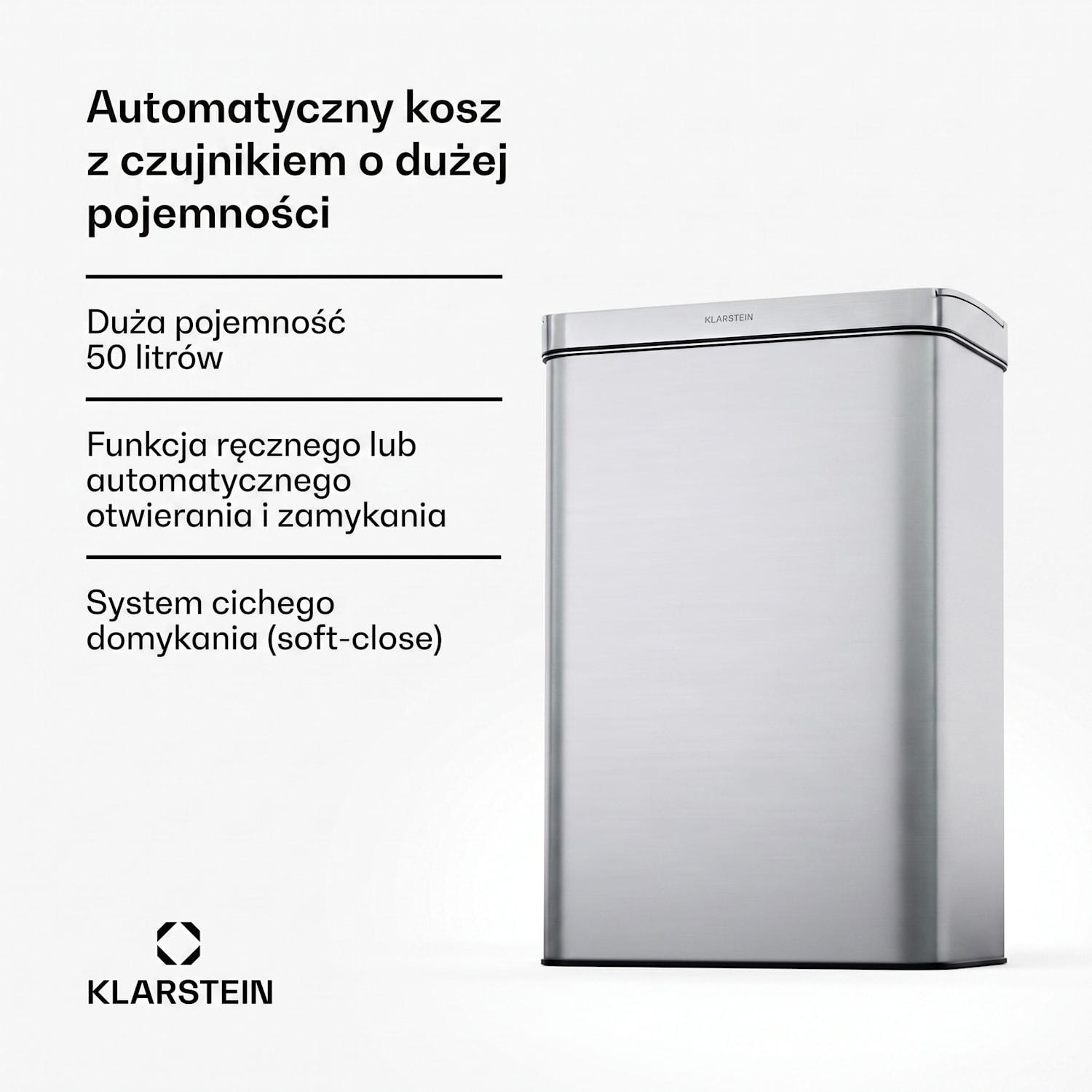 Touchless, kosz na śmieci z czujnikiem ruchu, 50 l, stal nierdzewna, domykanie Soft-Close, zasilanie bateryjne, wyświetlacz LED, timer 