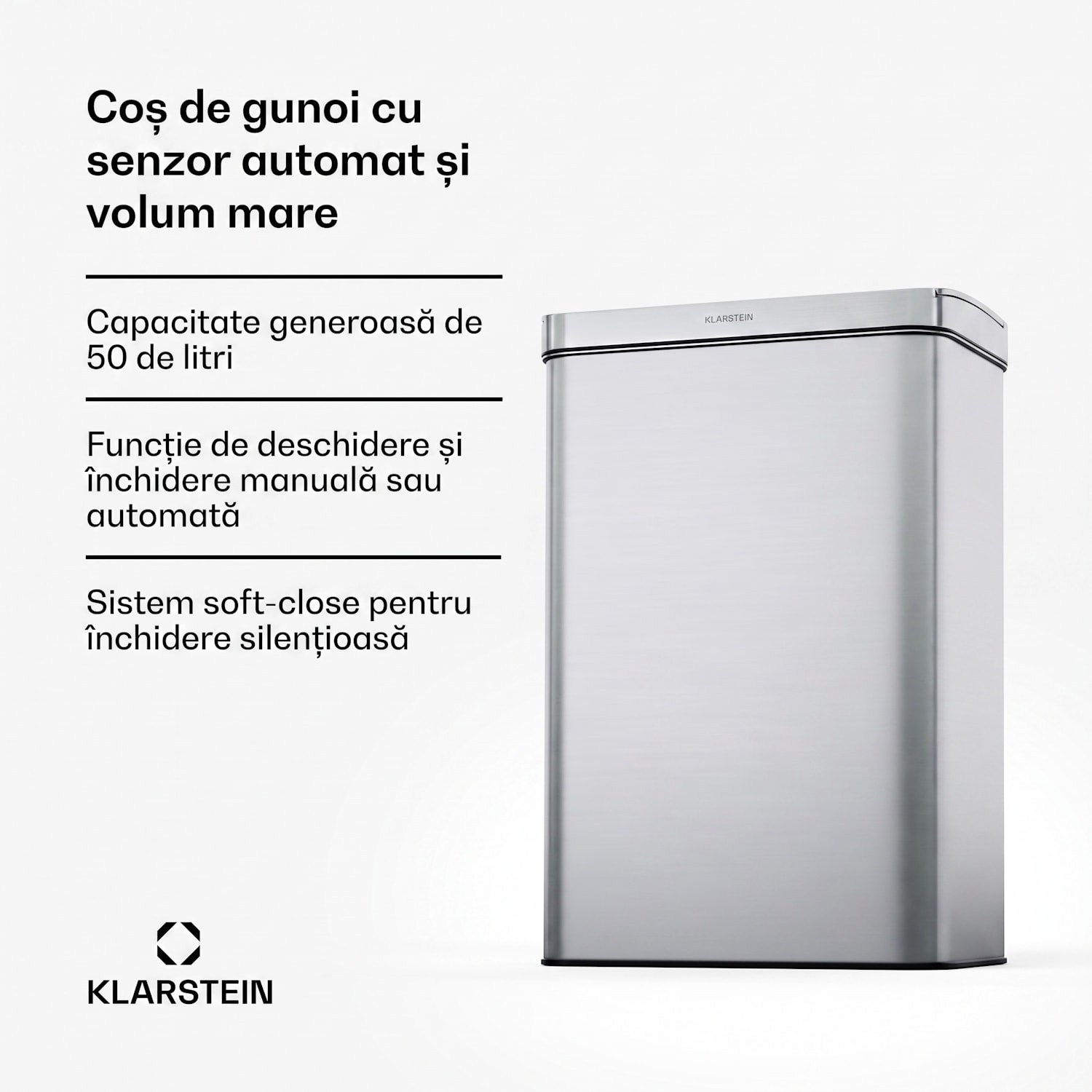 Coș de gunoi fără atingere, cu senzor, 50 l, din oțel inoxidabil, închidere ușoară, cu baterii, afișaj LED, temporizator 