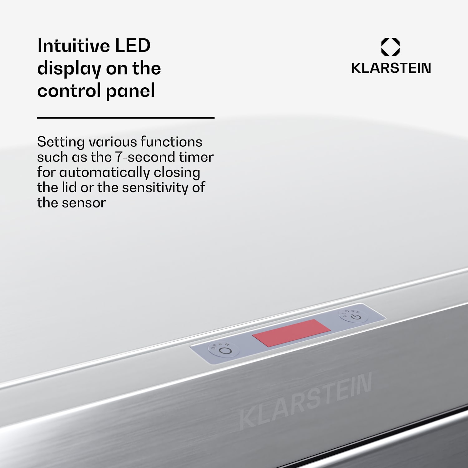 Touchless, szenzoros szemétkosár, 50 l, rozsdamentes acélból, Soft-Close záródás, elemes, LED kijelző, időzítő 