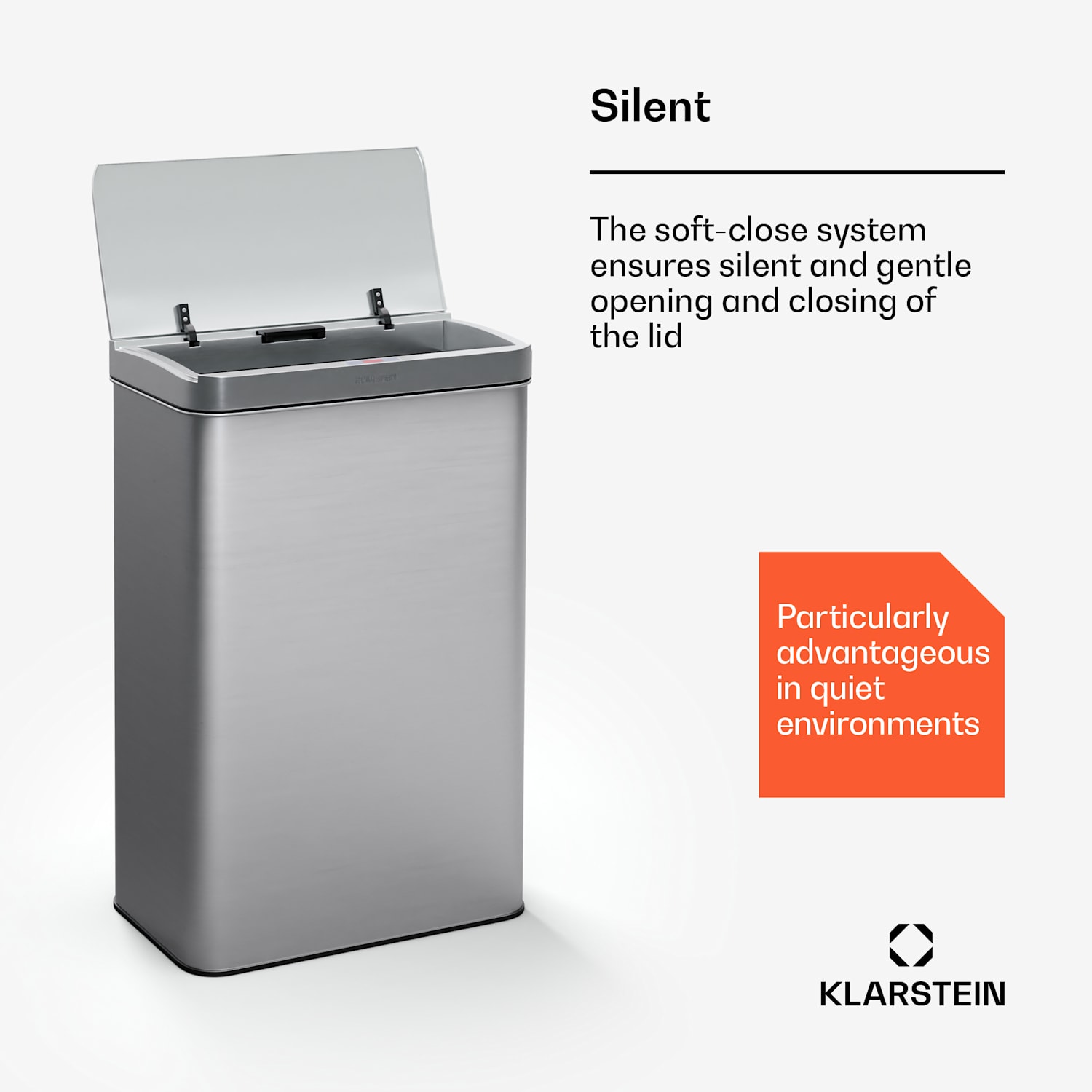 Touchless, szenzoros szemétkosár, 50 l, rozsdamentes acélból, Soft-Close záródás, elemes, LED kijelző, időzítő 