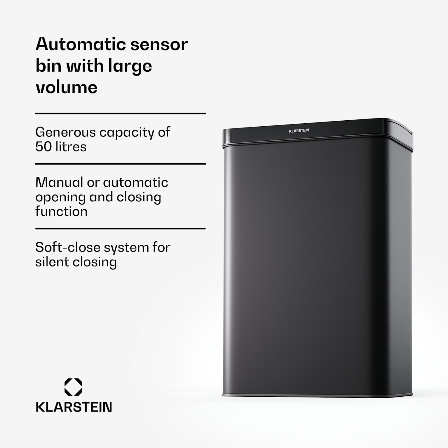 Touchless, szenzoros szemétkosár, 50 l, rozsdamentes acélból, Soft-Close záródás, elemes, LED kijelző, időzítő