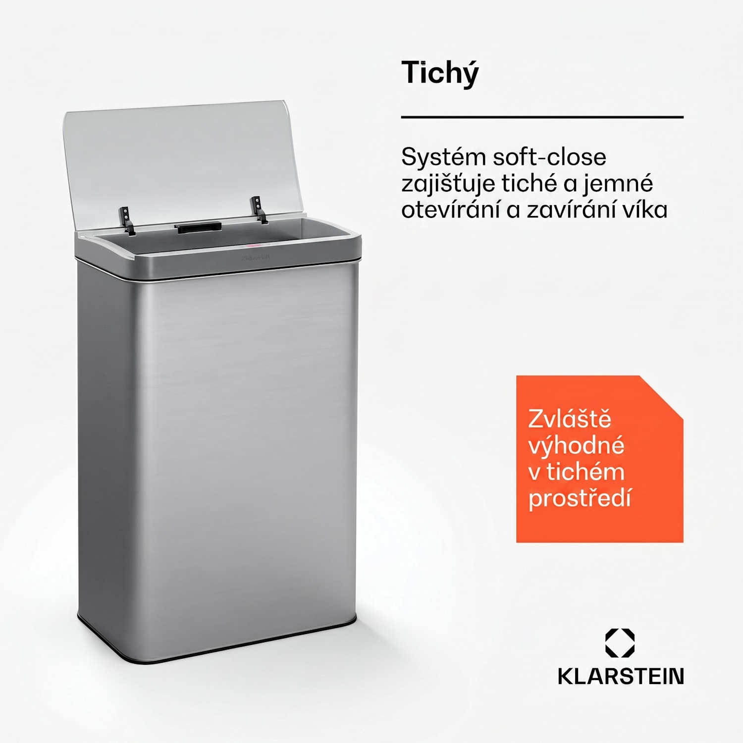 Touchless, senzorový odpadkový koš, 60 l, z nerezavějící oceli, Soft-Close zavírání, napájen baterií, LED displej, časovač 