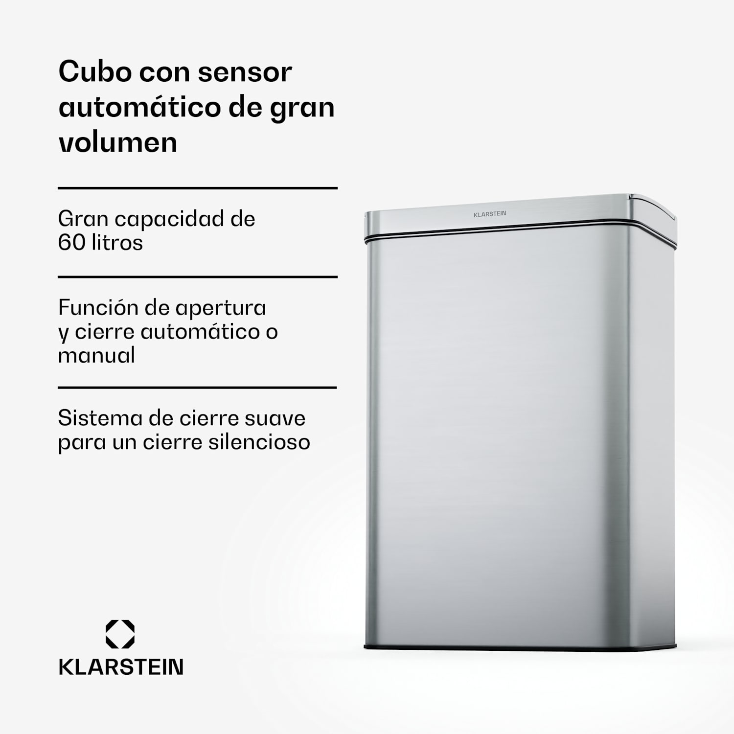 Cubo de basura con sensor sin contacto 60 L Acero inoxidable Cierre suvae Pantalla led Temporizador con pilas 