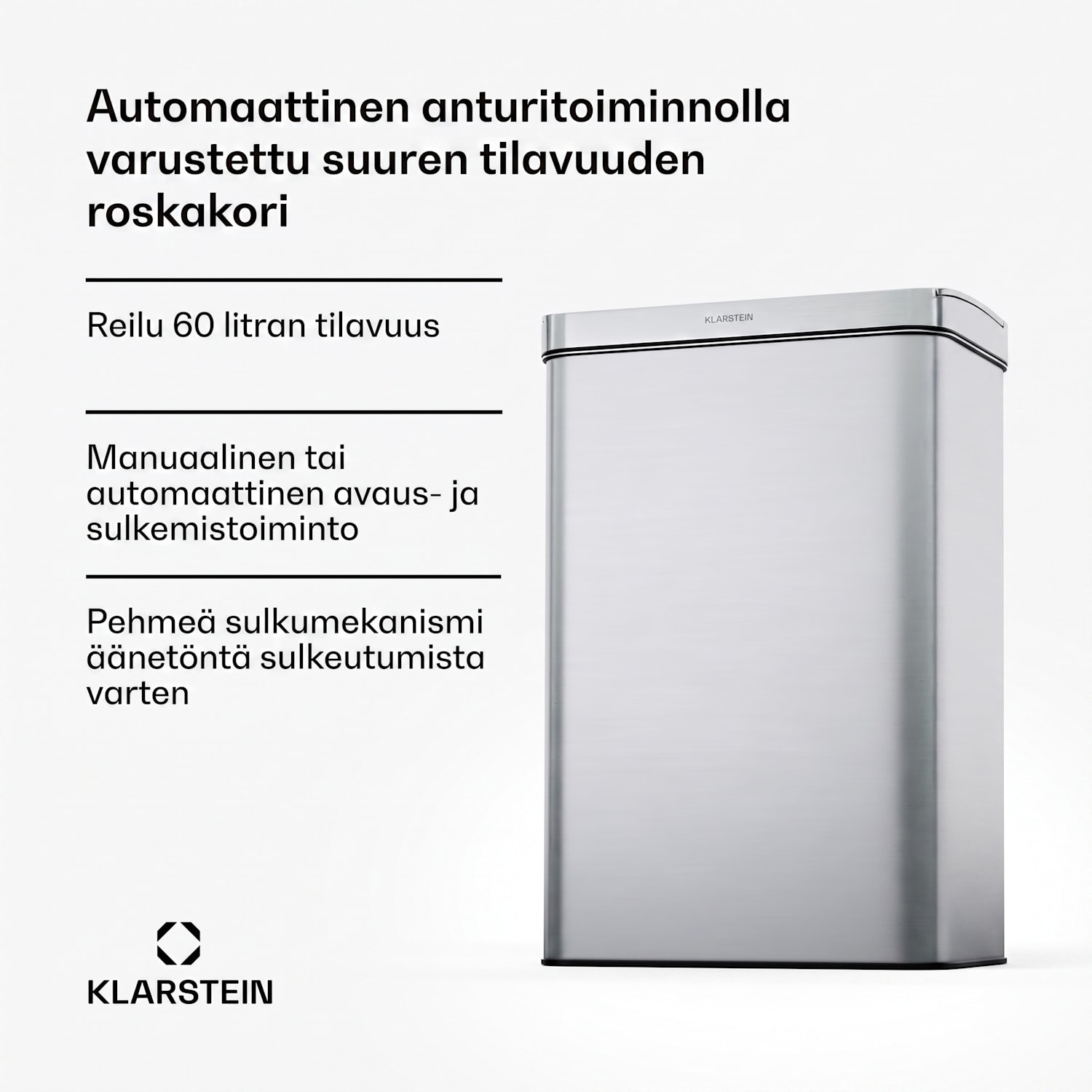 Touchless sensorijätesäiliö 60 l ruostumatonta terästä Soft Close paristokäyttöinen LED-näyttö ajastin 