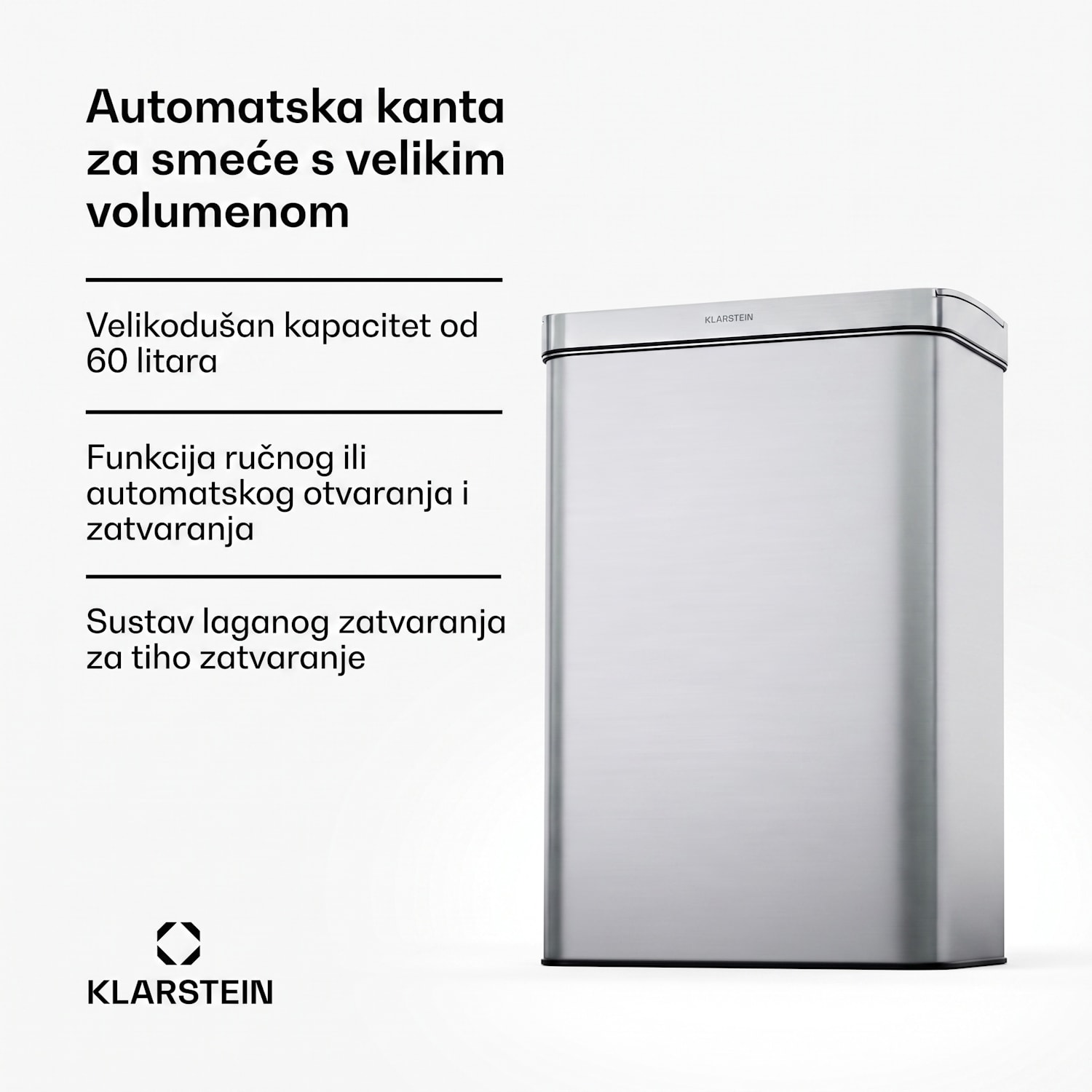 Touchless, kanta za smeće sa senzorom, 60 L, nehrđajući čelik, Soft-Close zatvaranje, baterijsko napajanje, LED zaslon, tajmer 