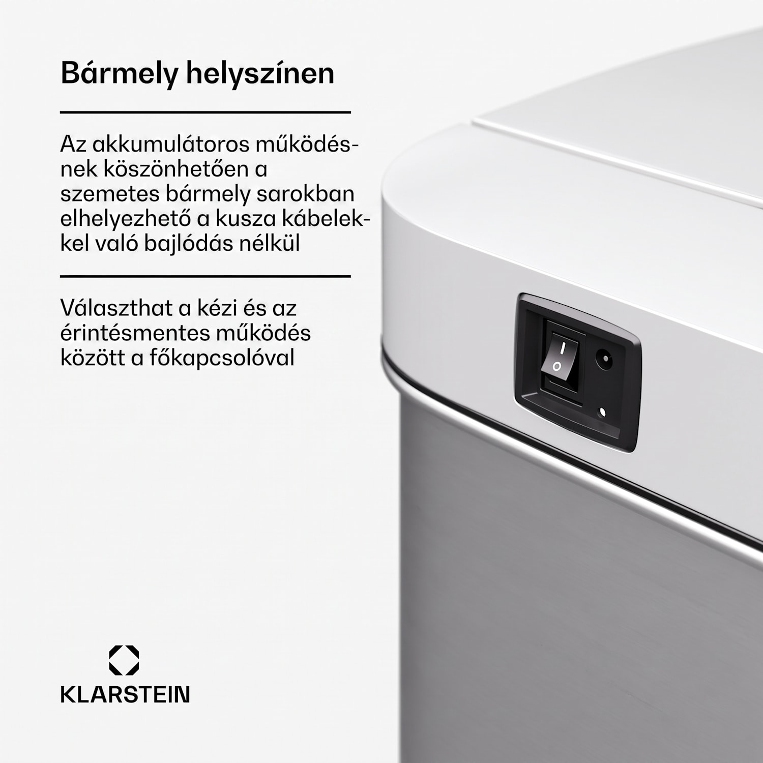 Touchless, szenzoros szemétkosár, 60 l, rozsdamentes acélból, Soft-Close záródás, elemmel működő, LED kijelző, időzítő 