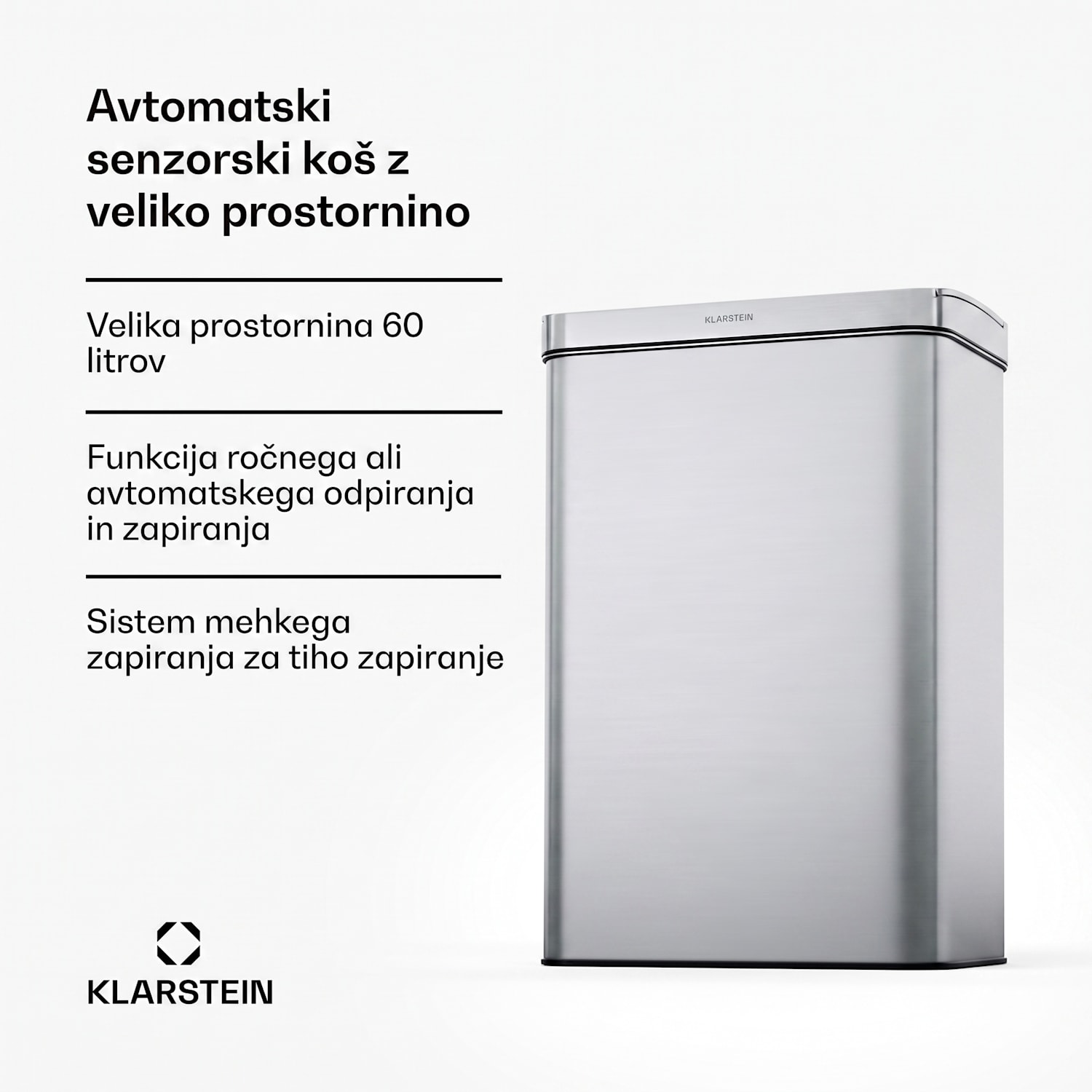 Brezdotični senzorski koš za odpadke, 60 l, nerjaveče jeklo, mehko zapiranje, baterijsko napajanje, LED prikazovalnik, časovnik 