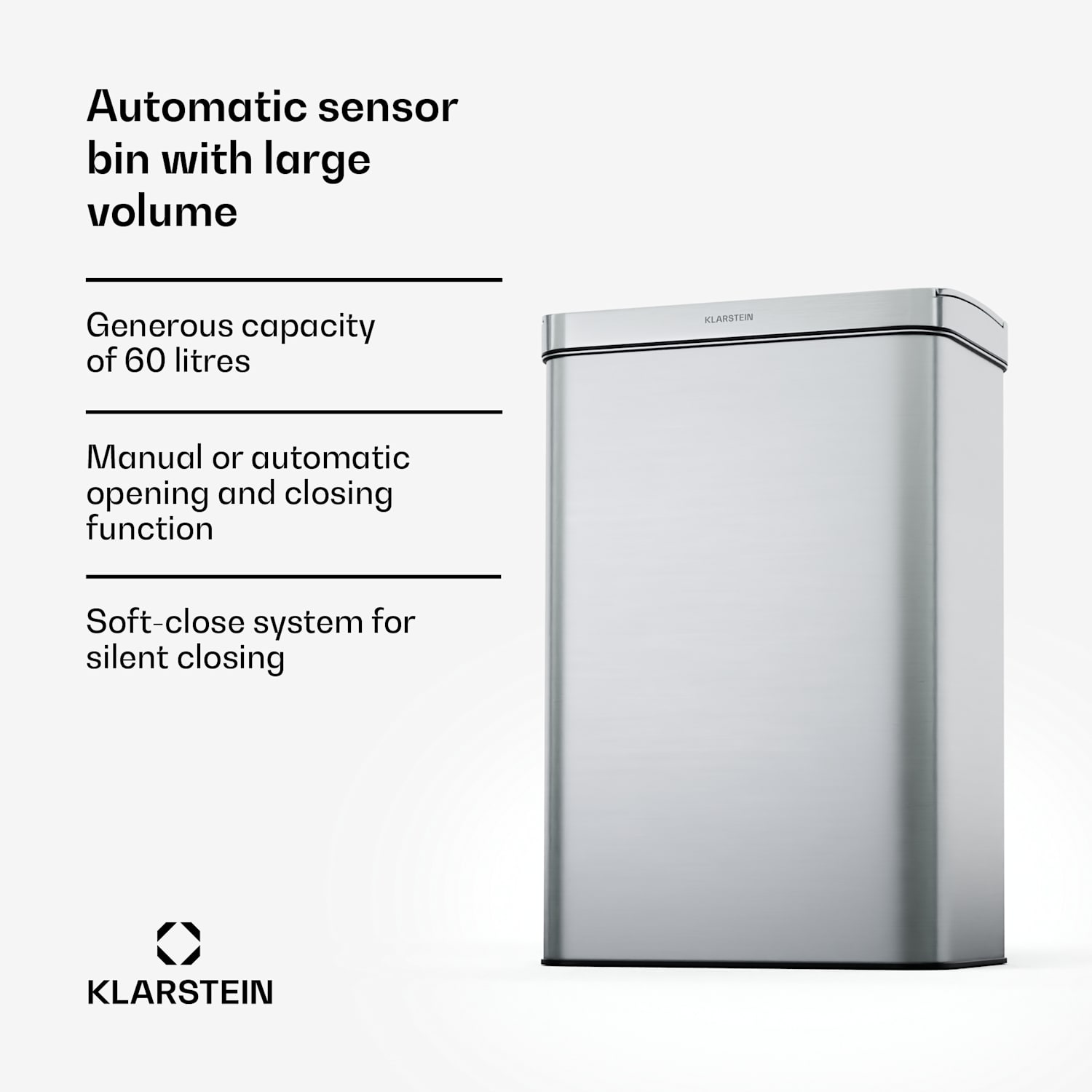 Touchless, kosz na śmieci z czujnikiem ruchu, 60 l, stal nierdzewna, domykanie Soft-Close, zasilanie bateryjne, wyświetlacz LED, timer