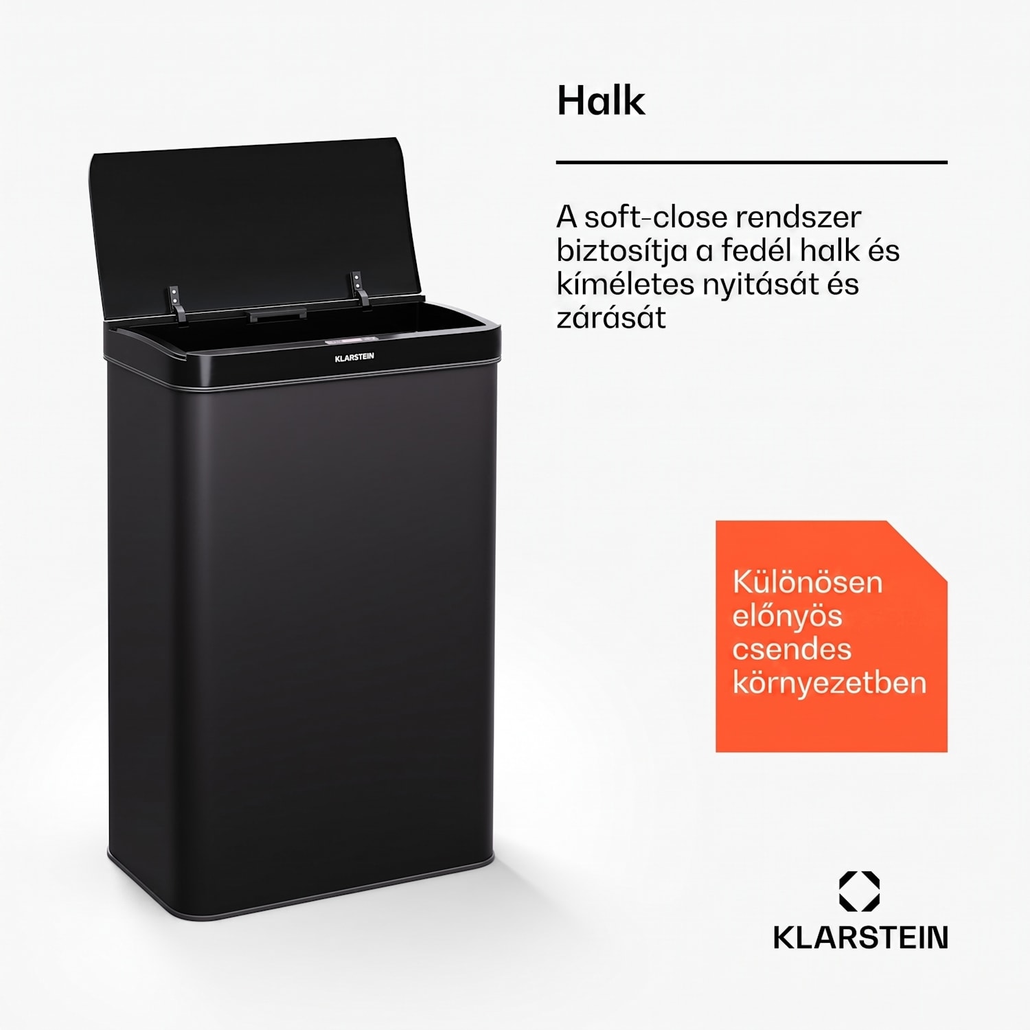 Touchless, szenzoros szemétkosár, 60 l, rozsdamentes acélból, Soft-Close záródás, elemmel működő, LED kijelző, időzítő 