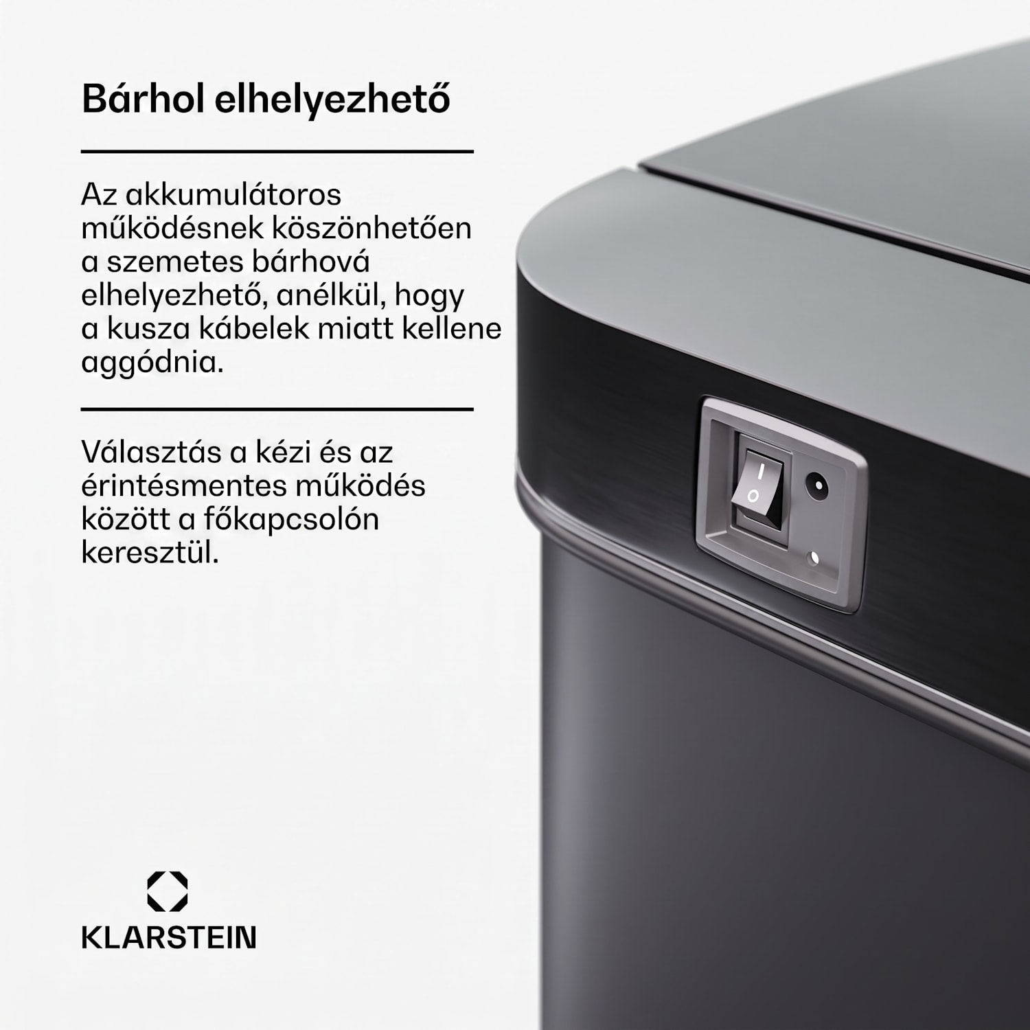 Touchless, szenzoros szemétkosár, 60 l, rozsdamentes acélból, Soft-Close záródás, elemmel működő, LED kijelző, időzítő 