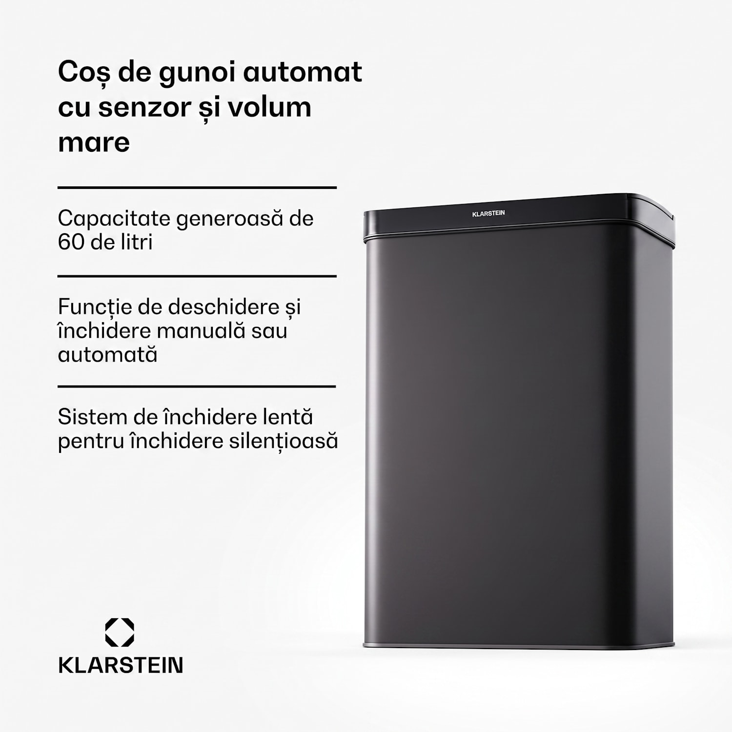 Coș de gunoi fără atingere, cu senzor, 60 l, din oțel inoxidabil, închidere ușoară, cu baterii, afișaj LED, temporizator 