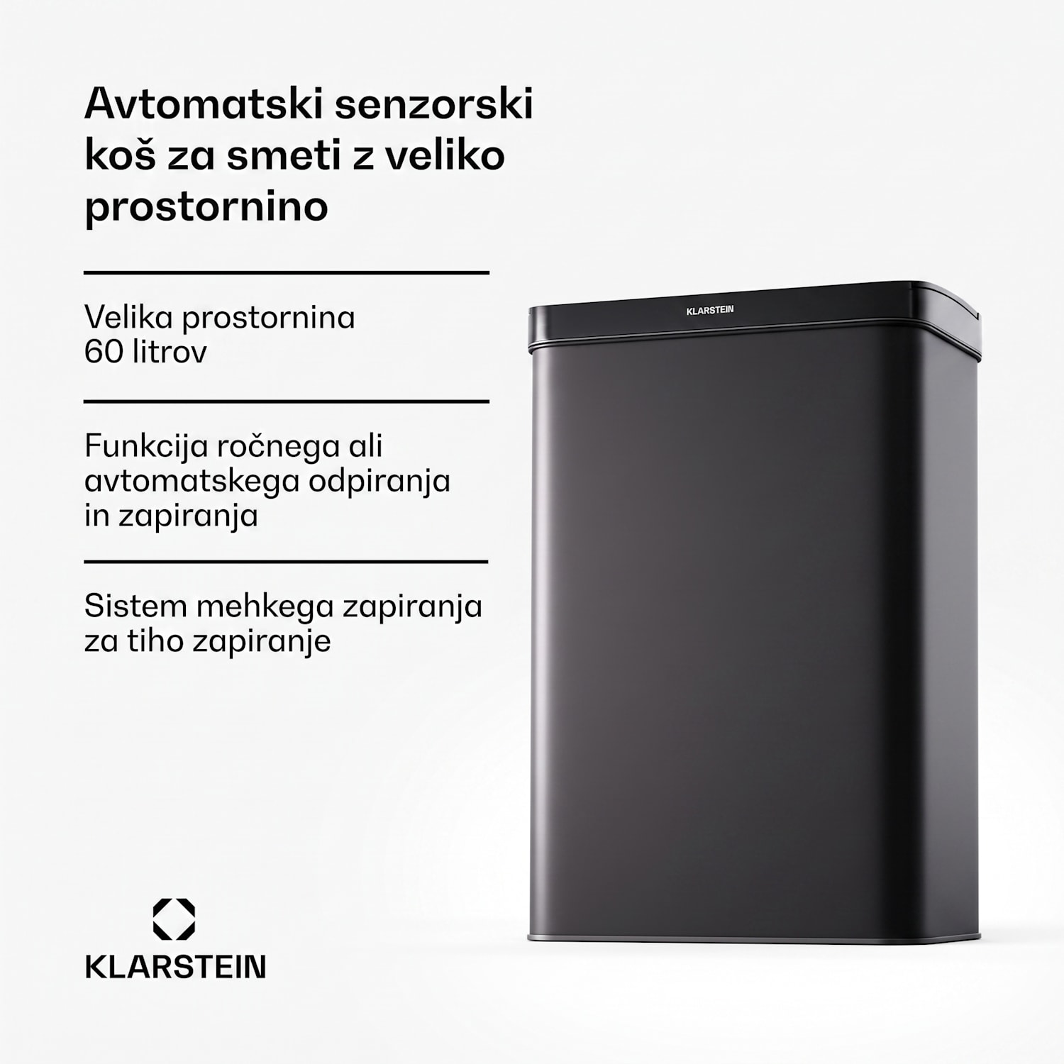 Brezdotični senzorski koš za odpadke, 60 l, nerjaveče jeklo, mehko zapiranje, baterijsko napajanje, LED prikazovalnik, časovnik 