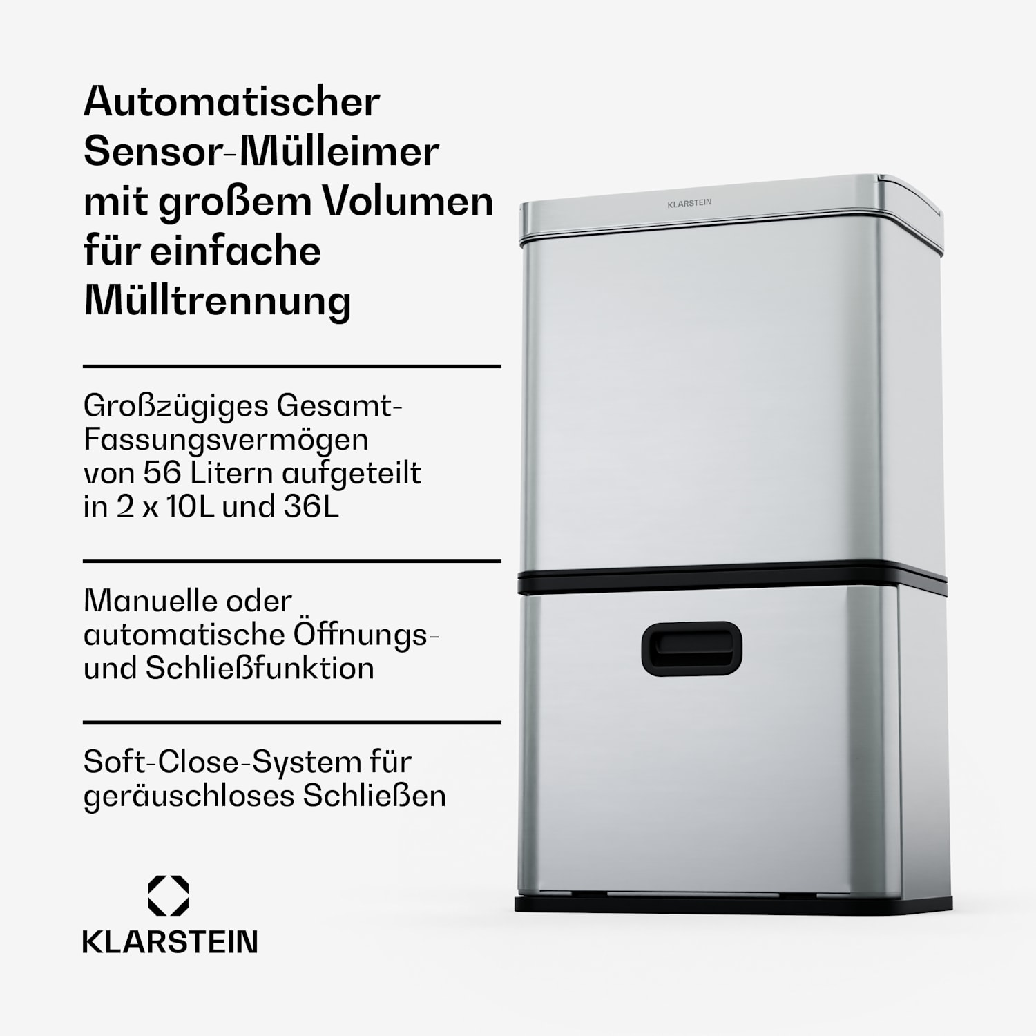 Cestino a sensore touchless, 56L, in acciaio inox, con soft-close, 3 contenitori, timer, con display a LED 