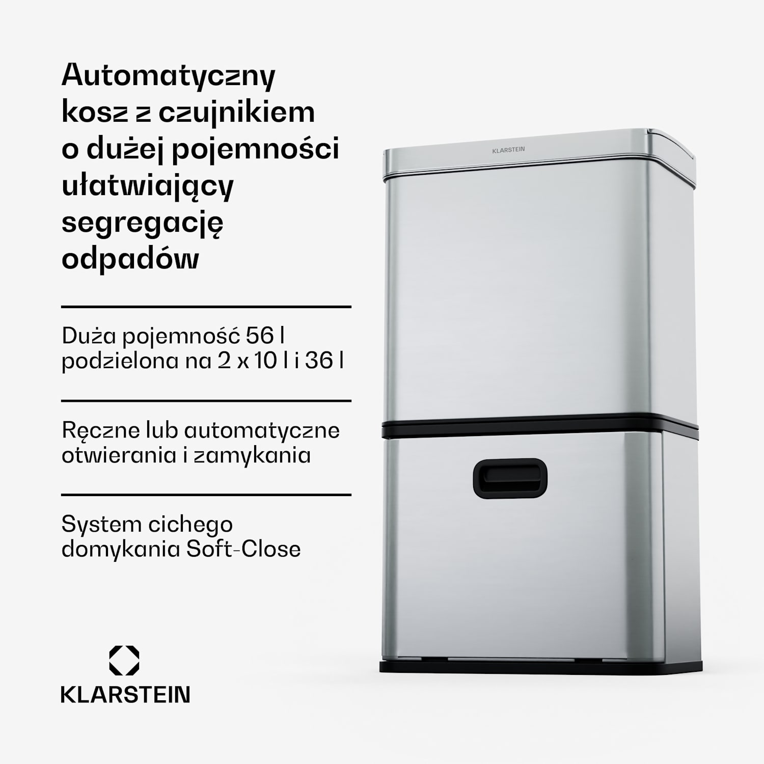 Touchless, kosz na śmieci z czujnikiem, 56 l, stal nierdzewna, 3 pojemniki, domykanie Soft-Close, zasilanie bateryjne, wyświetlacz LED, timer 